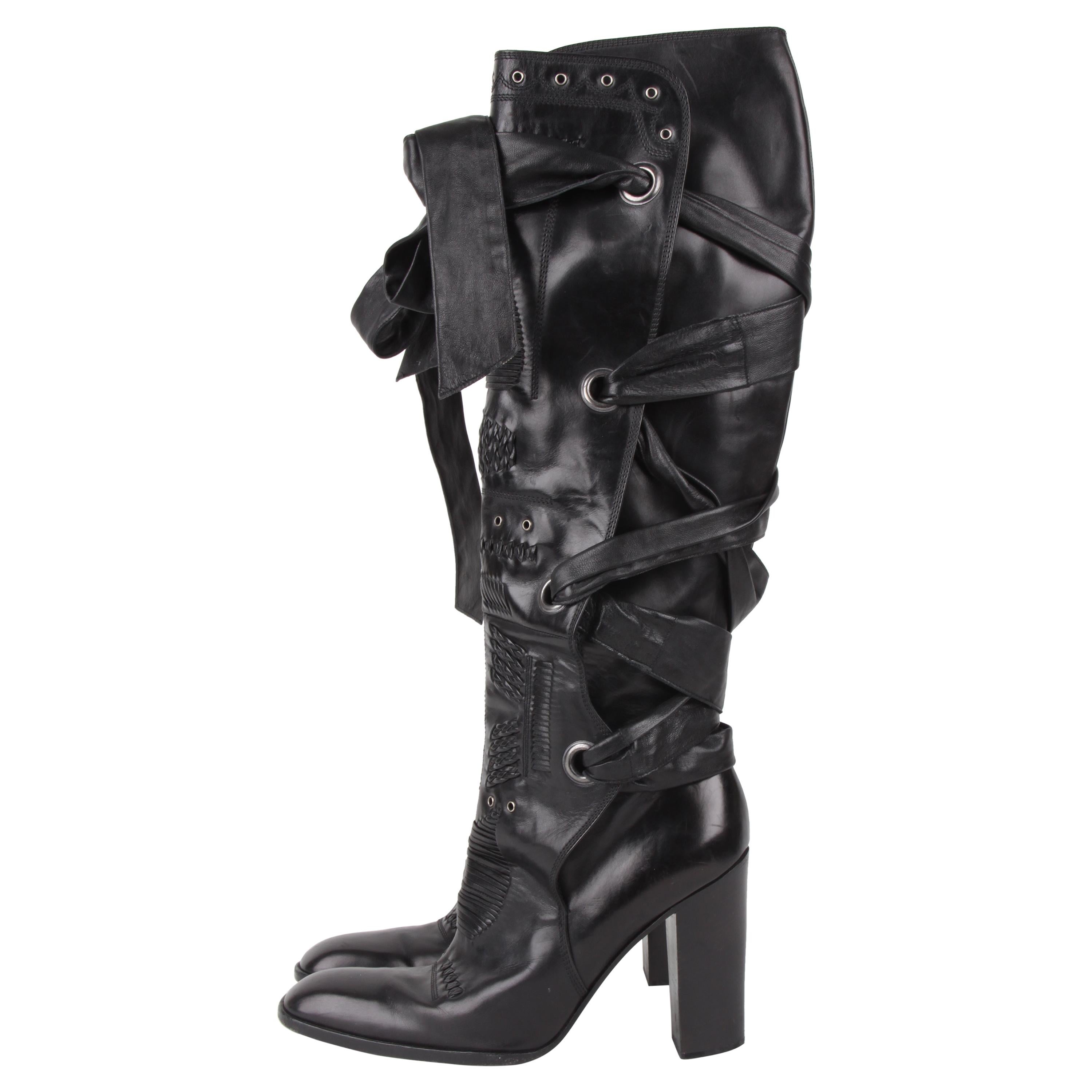 Yves Saint Laurent Rive Gauche by Tom Ford Black Laced Up Knee High Boots For Sale