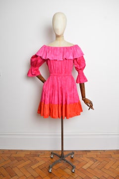 Yves Saint Laurent Rive Gauche c.1977 Hot Pink Fuchsia Ruffled Gypsy Mini Dress