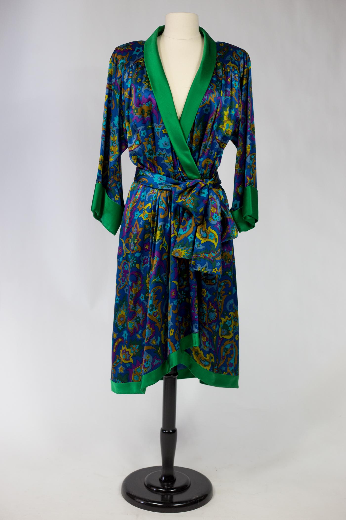 Women's Yves Saint Laurent Rive Gauche cocktail dress in printed satin Fall Winter 1985 For Sale