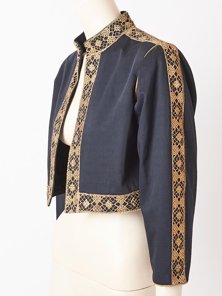 Black Yves Saint Laurent Rive Gauche Cropped Jacket with Metallic Lace Detail