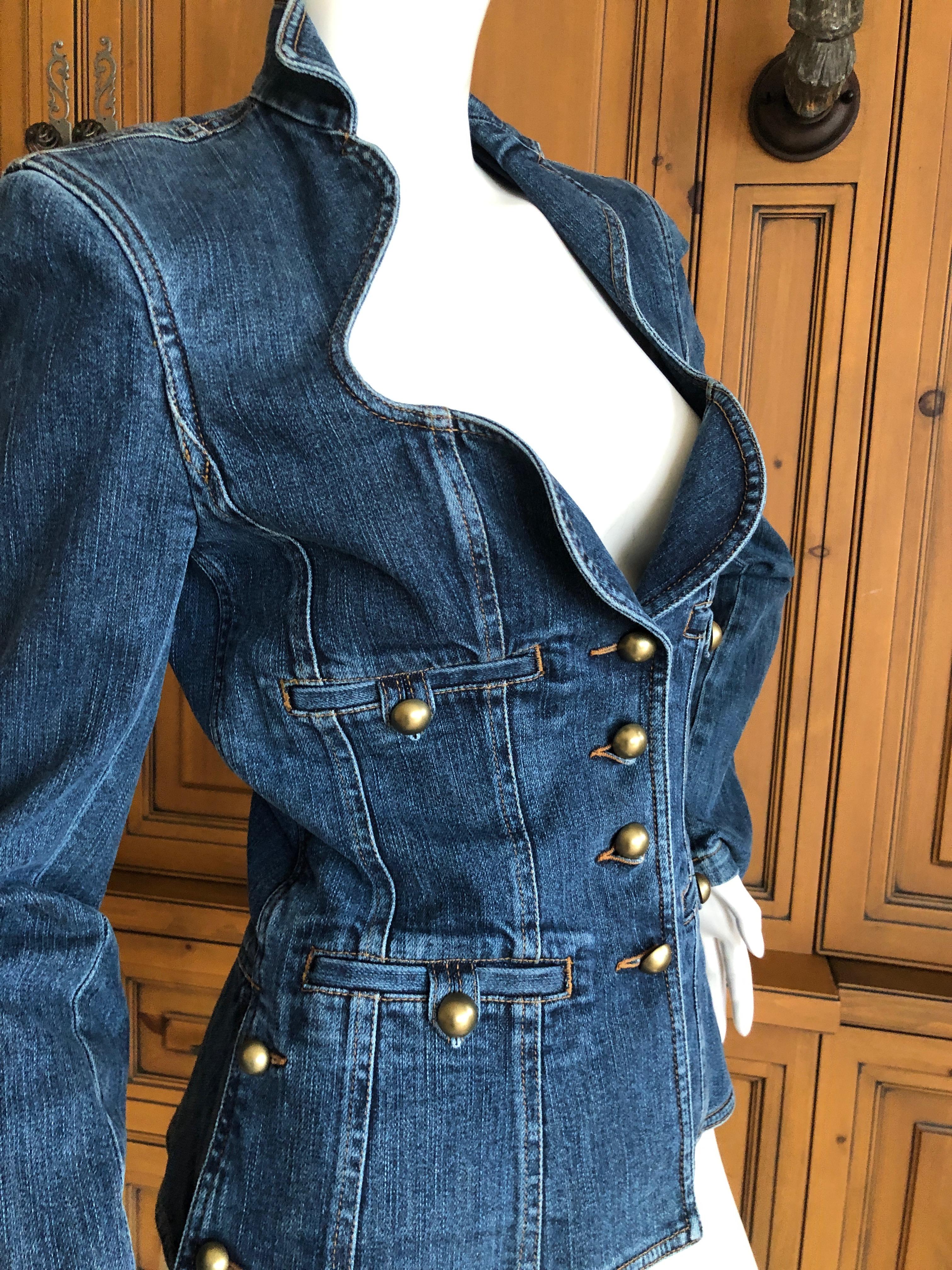 Yves Saint Laurent Rive Gauche Denim Blue Jean Jacket w Portrait Neckline
 Size 36
 Bust 34