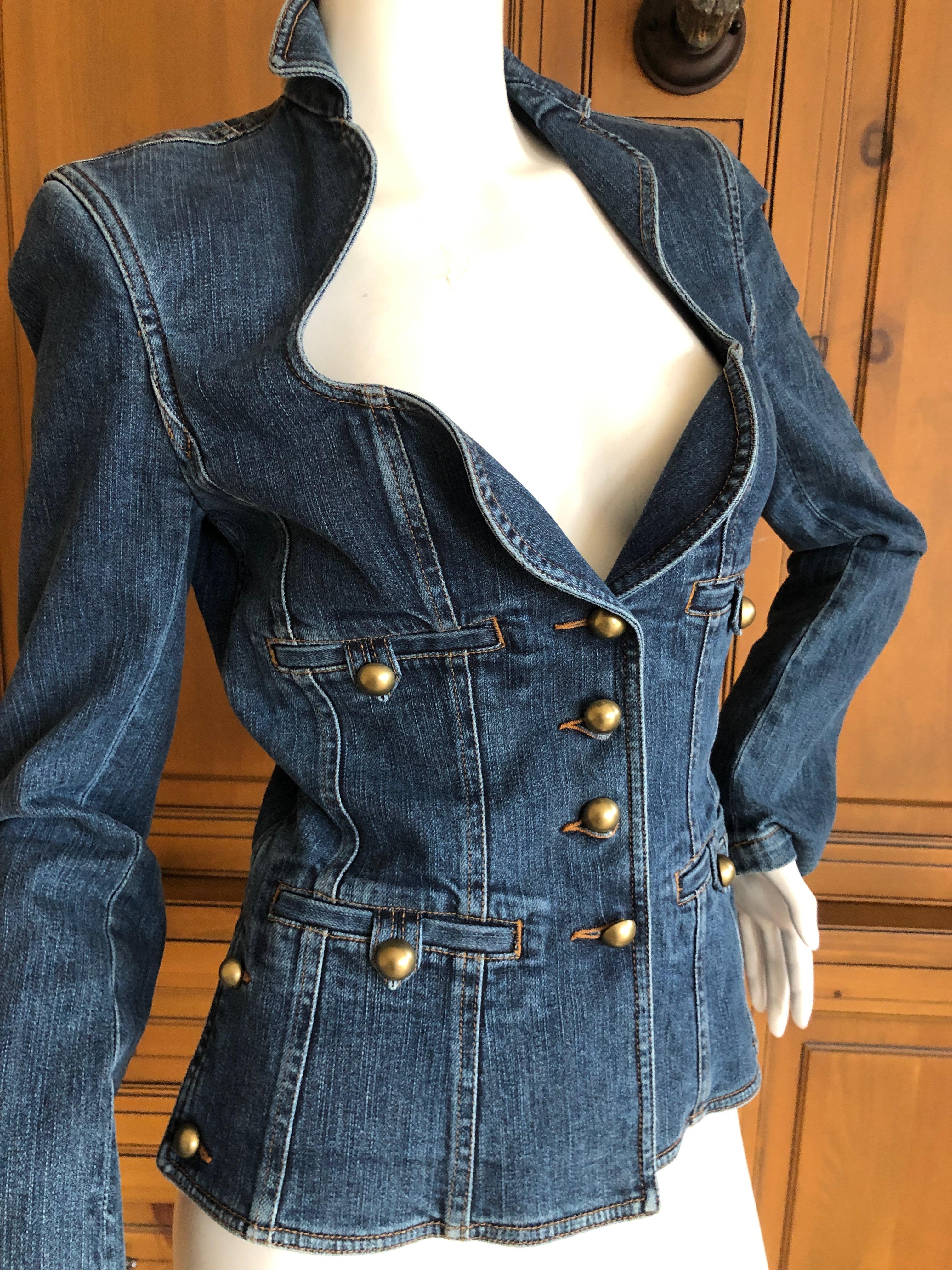 Yves Saint Laurent Rive Gauche Denim Blue Jean Jacket w Portrait Neckline In Excellent Condition For Sale In Cloverdale, CA