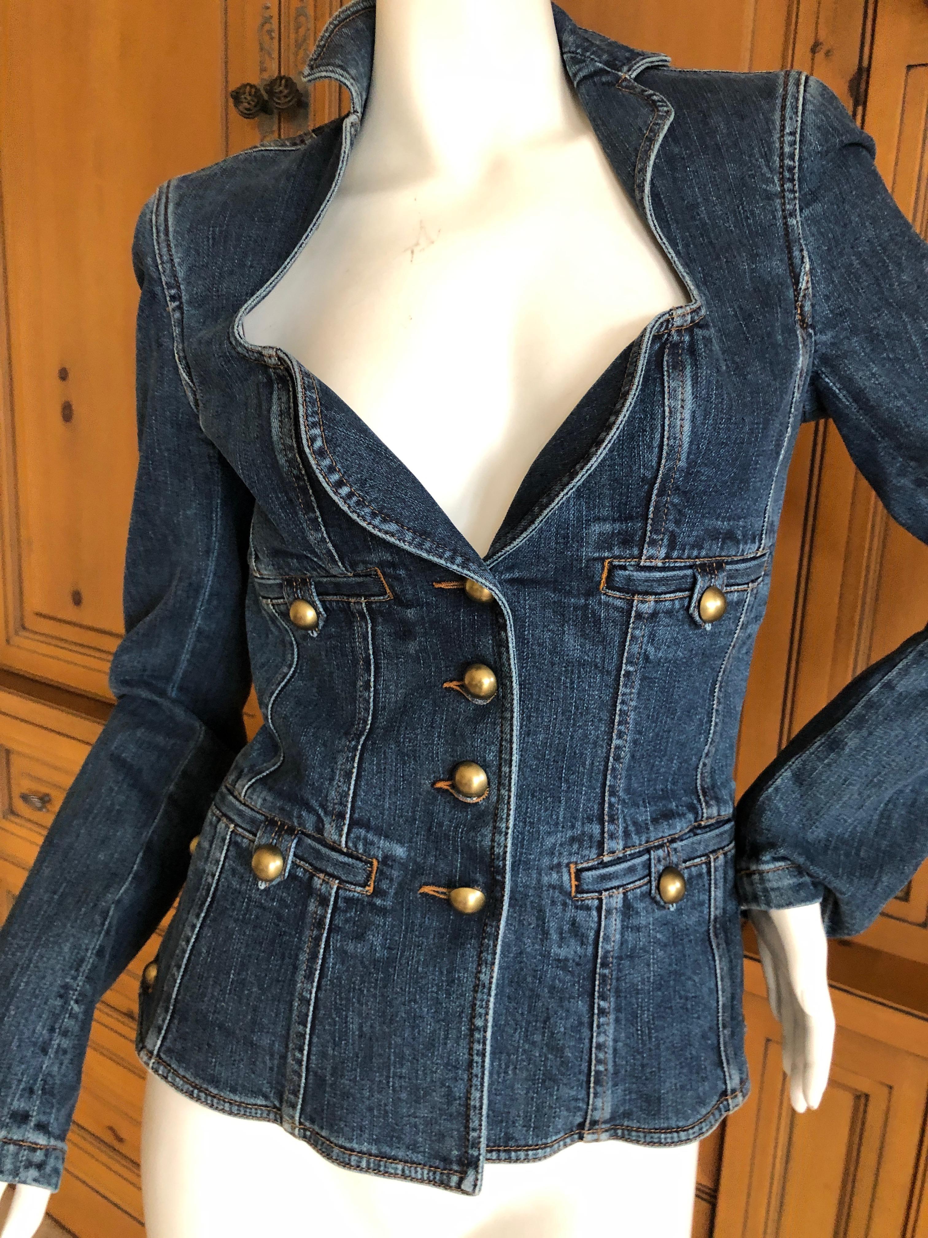 Women's Yves Saint Laurent Rive Gauche Denim Blue Jean Jacket w Portrait Neckline For Sale