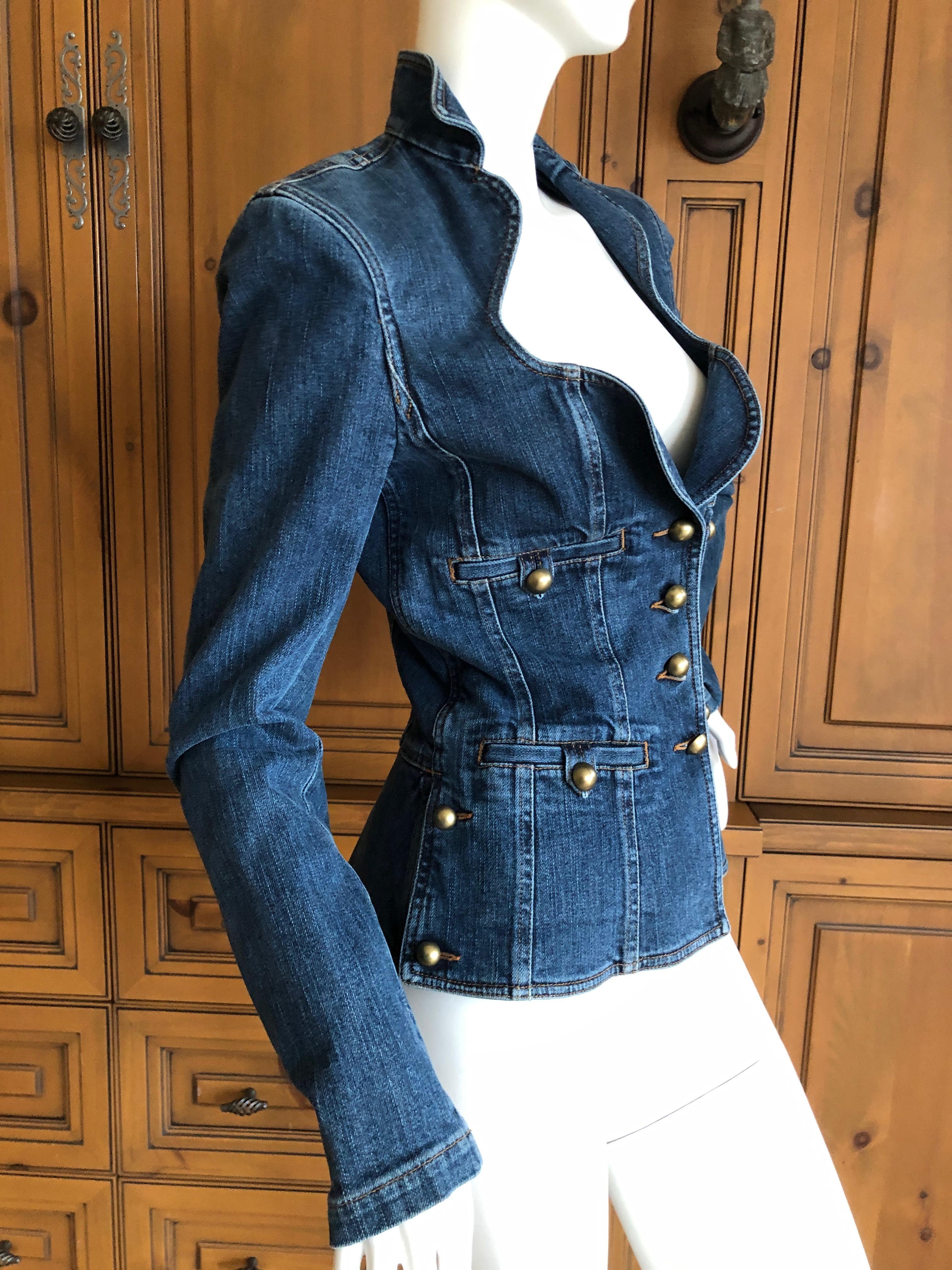 Yves Saint Laurent Rive Gauche Denim Blue Jean Jacket w Portrait Neckline For Sale 1