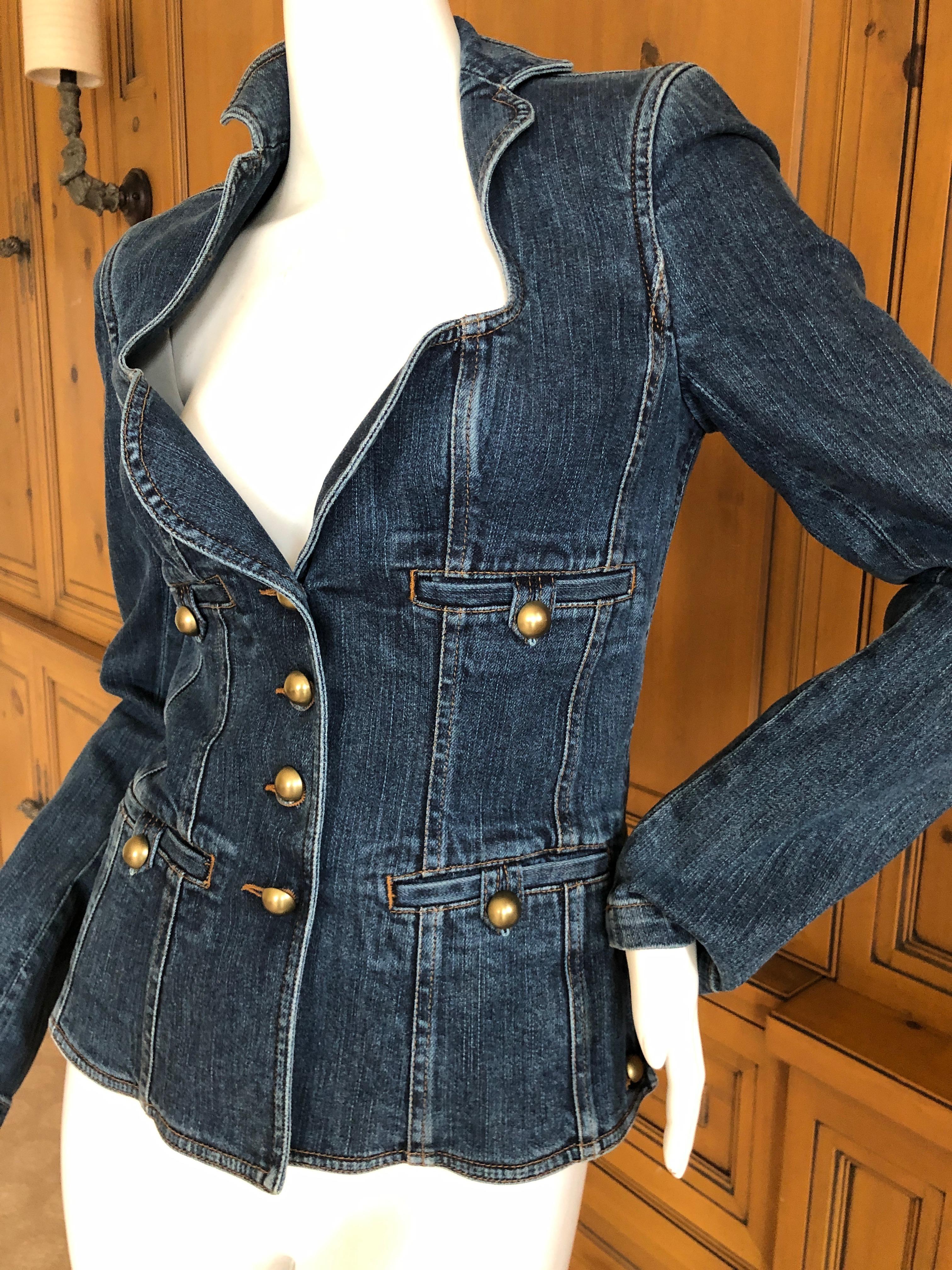 Yves Saint Laurent Rive Gauche Denim Blue Jean Jacket w Portrait Neckline For Sale 2