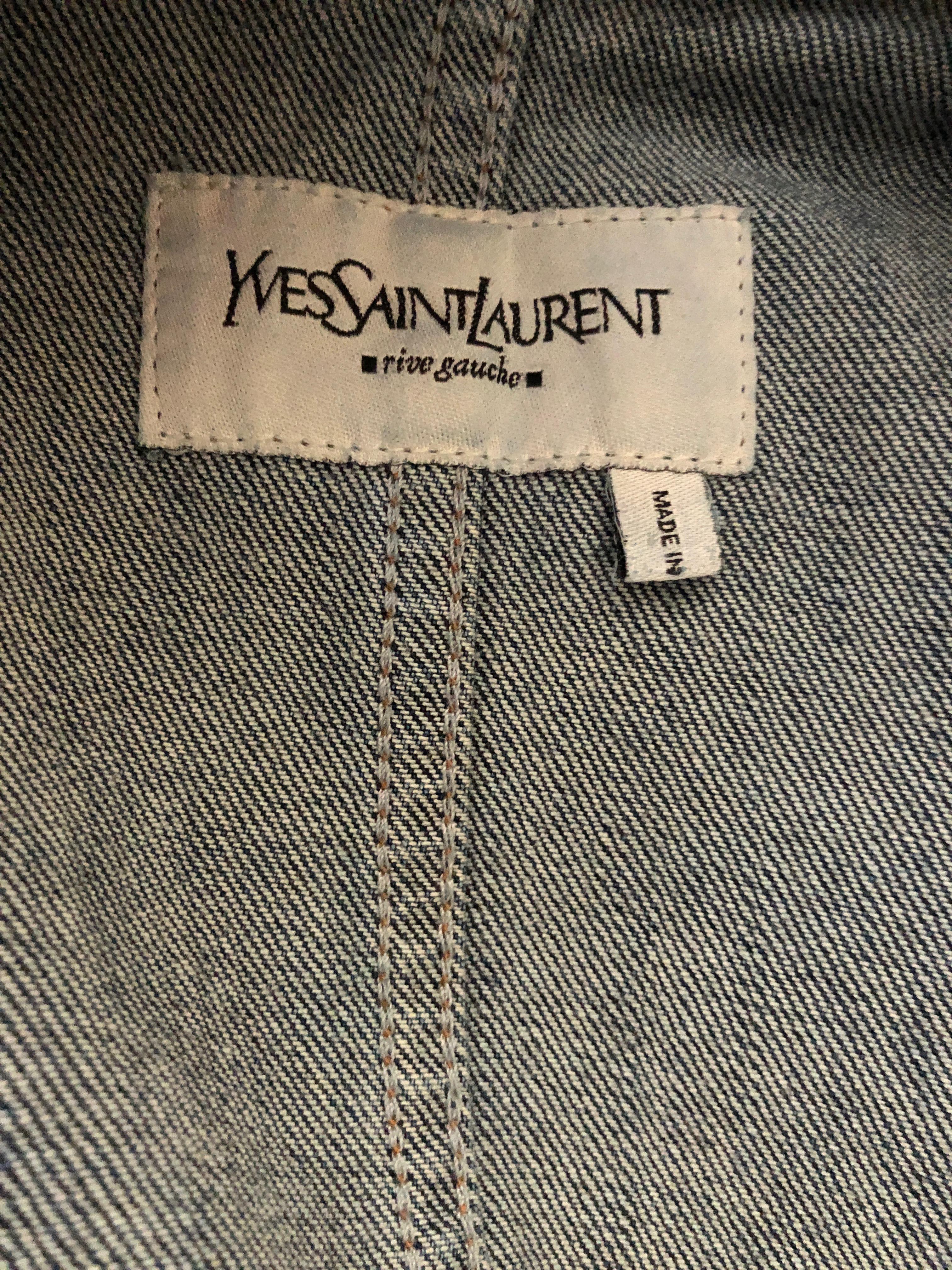 Yves Saint Laurent Rive Gauche Denim Blue Jean Jacket w Portrait Neckline For Sale 4