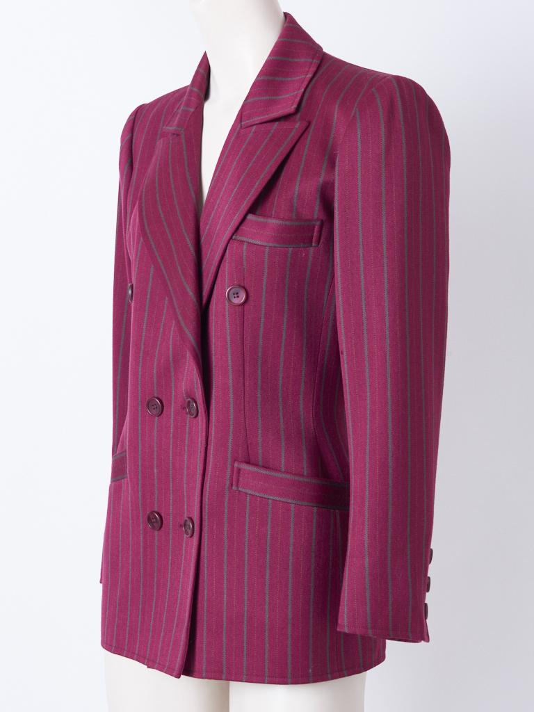 Yves Saint Laurent, Rive Gauche, burgundy, stripe, double breasted, fitted, blazer in a wool gaberdine.