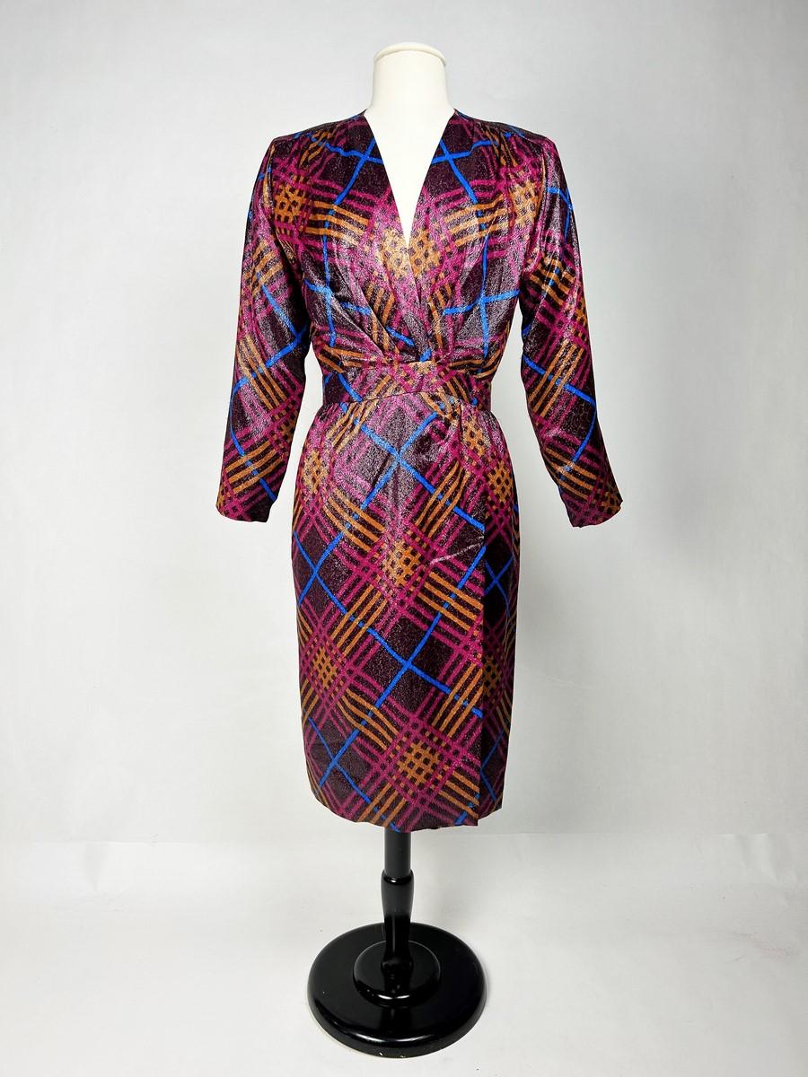 Yves Saint Laurent Rive Gauche dress in lurex lamé with checks Circa 1990 In Good Condition For Sale In Toulon, FR