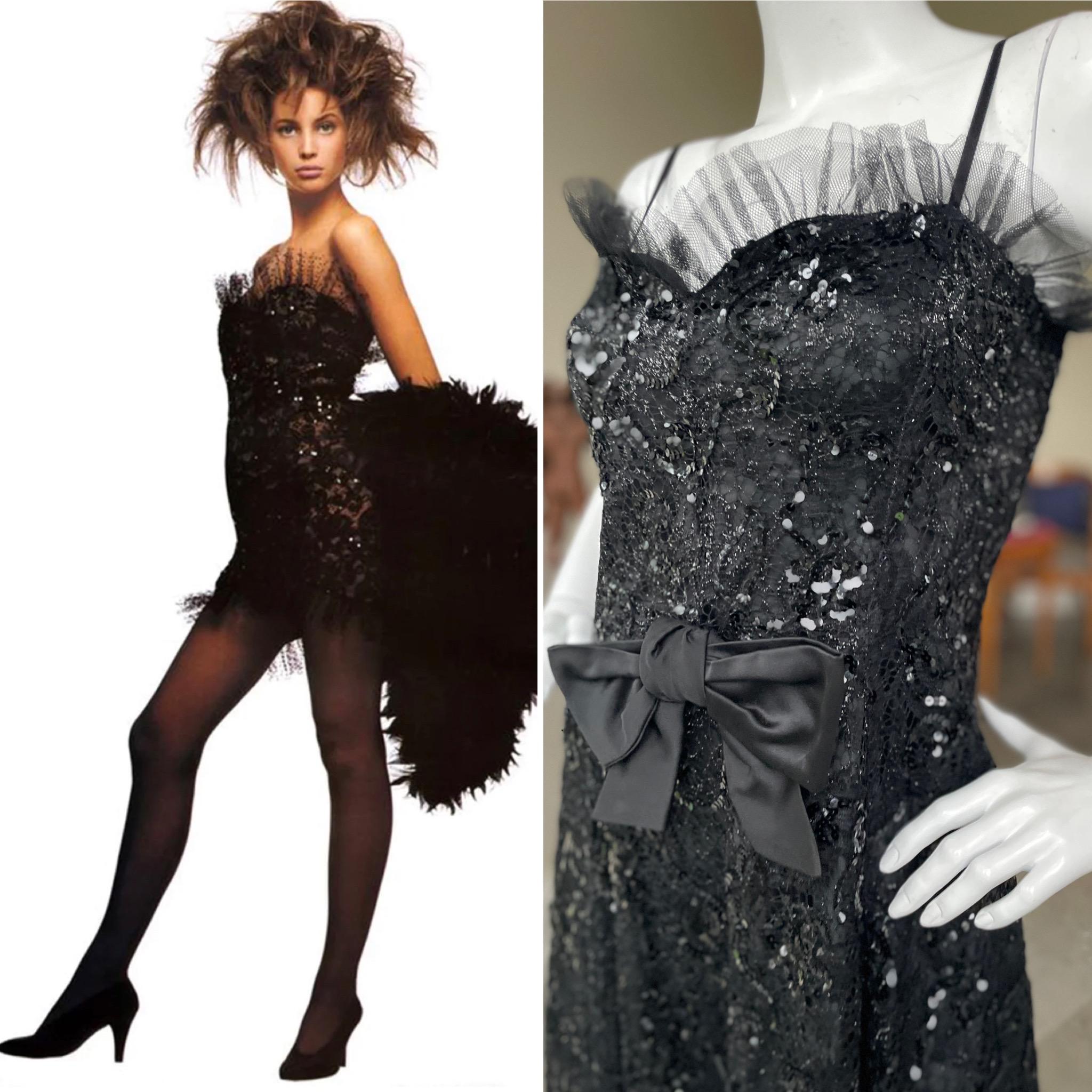 Yves Saint Laurent Rive Gauche Ad Campaign Fall 1987 Sequin Lace Cocktail Dress.
As shown on Naomi Campbell and Christy Turlington in the ads.
  This is so pretty, it is much sexier than the photos show. 
  Size 38
Bust 34