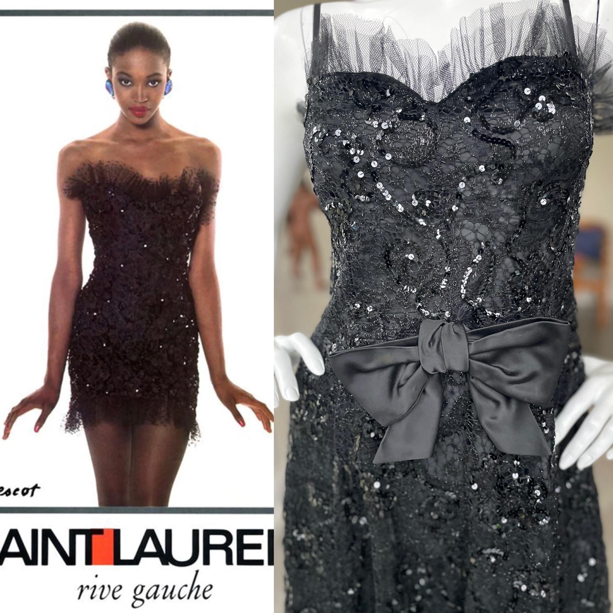 Yves Saint Laurent Rive Gauche Fall 1987 Sequin Lace Cocktail Dress Ad Campaign In Excellent Condition For Sale In Cloverdale, CA