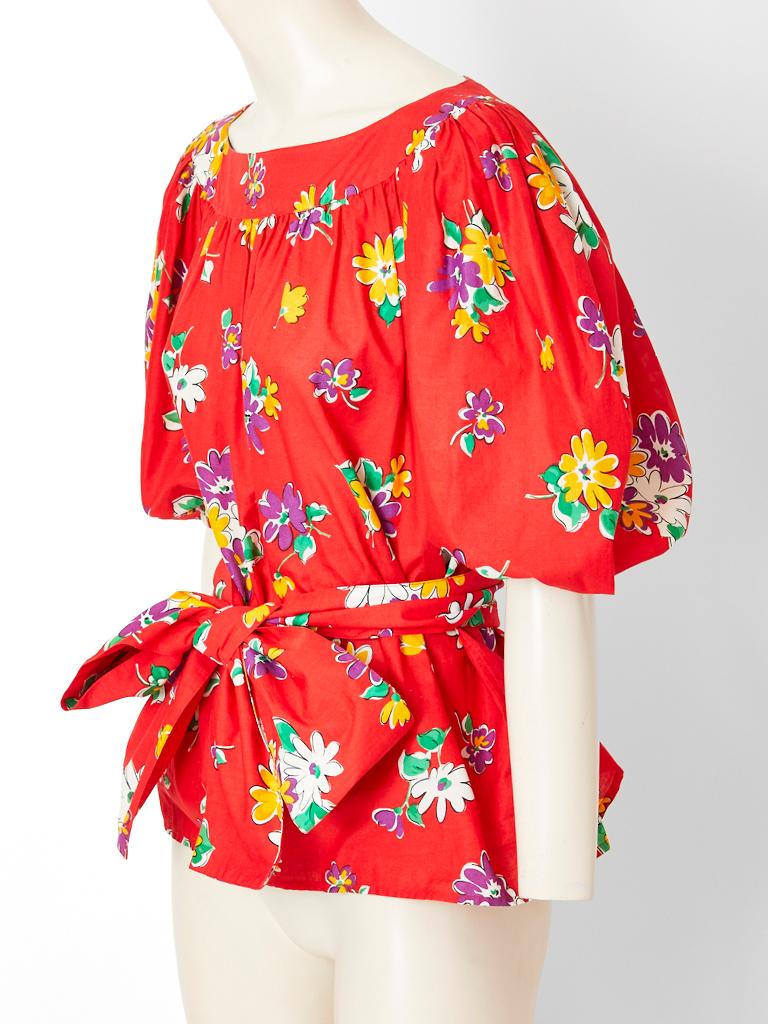 Red Yves Saint Laurent Rive Gauche Floral Pattern Cotton Skirt and Blouse Ensemble