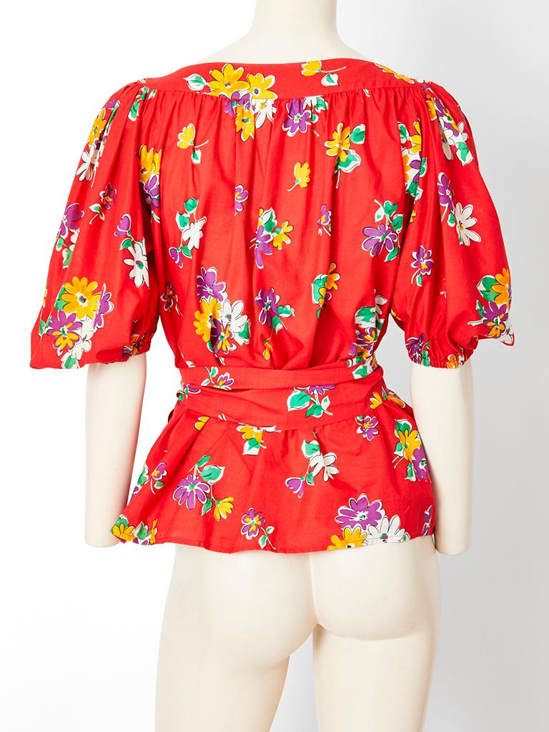 Yves Saint Laurent Rive Gauche Floral Pattern Cotton Skirt and Blouse Ensemble In Good Condition In New York, NY