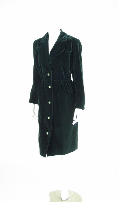 Yves Saint Laurent Rive Gauche Forest Green Velvet Coat or Dress Vintage In Good Condition In West Palm Beach, FL