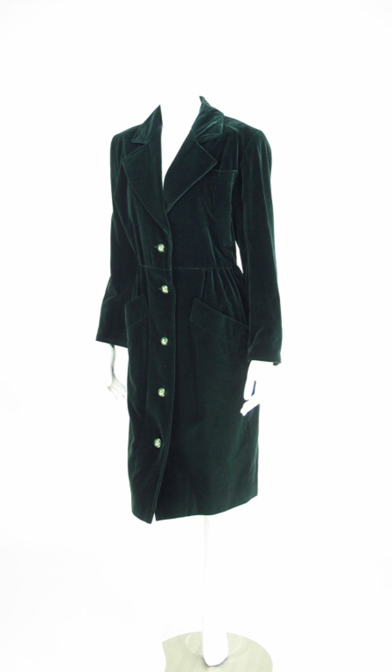 Yves Saint Laurent Rive Gauche Forest Green Velvet Coat or Dress Vintage For Sale 2