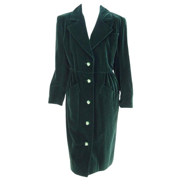 Yves Saint Laurent Rive Gauche Forest Green Velvet Coat or Dress Vintage For Sale