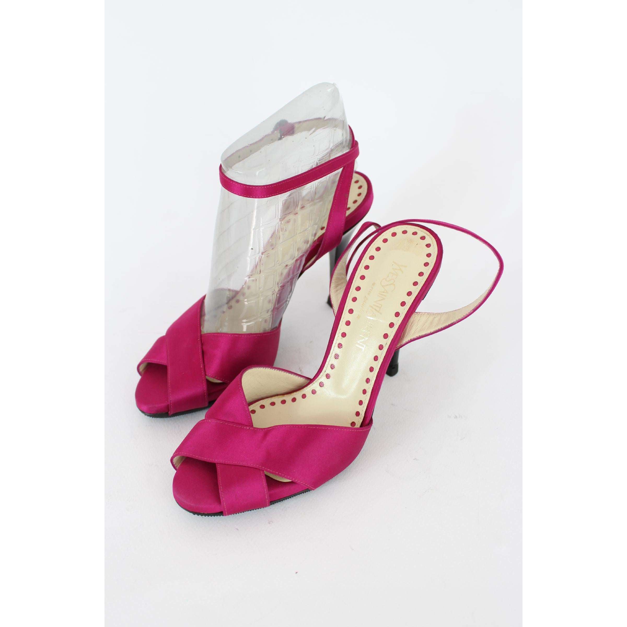 Women's Yves Saint Laurent Rive Gauche Fuchsia Satin Leather Sandal Heel Shoes 90s