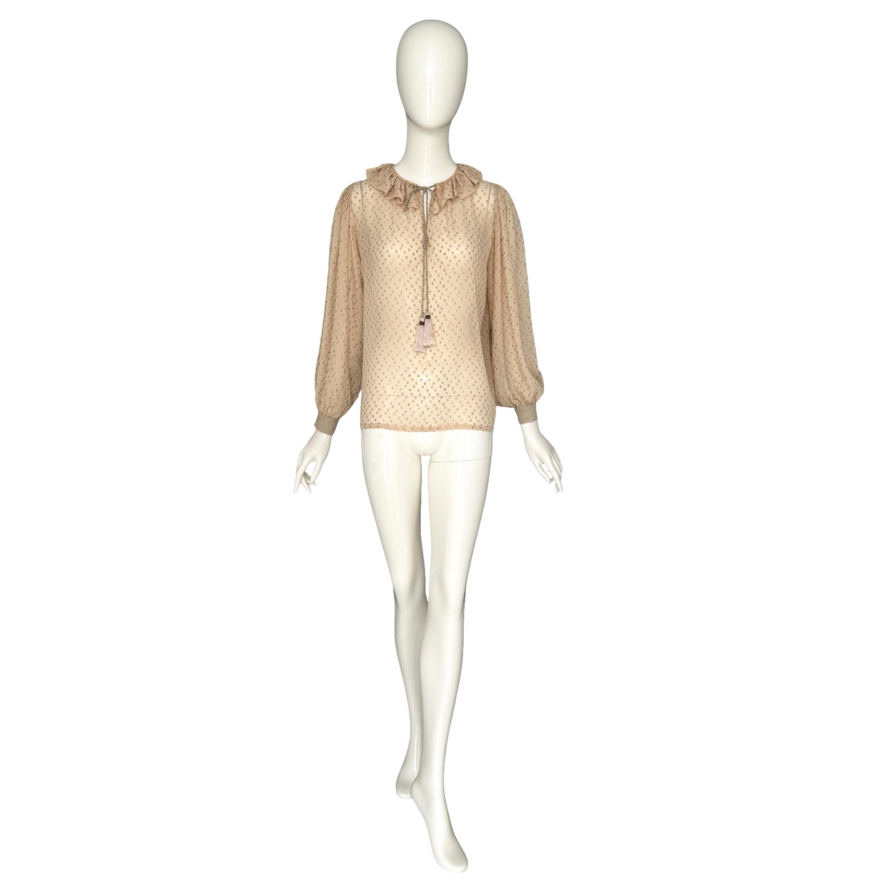 Donna Yves Saint Laurent Rive Gauche FW 1978 Camicetta vintage in seta crema e Dot Dot Oro in vendita