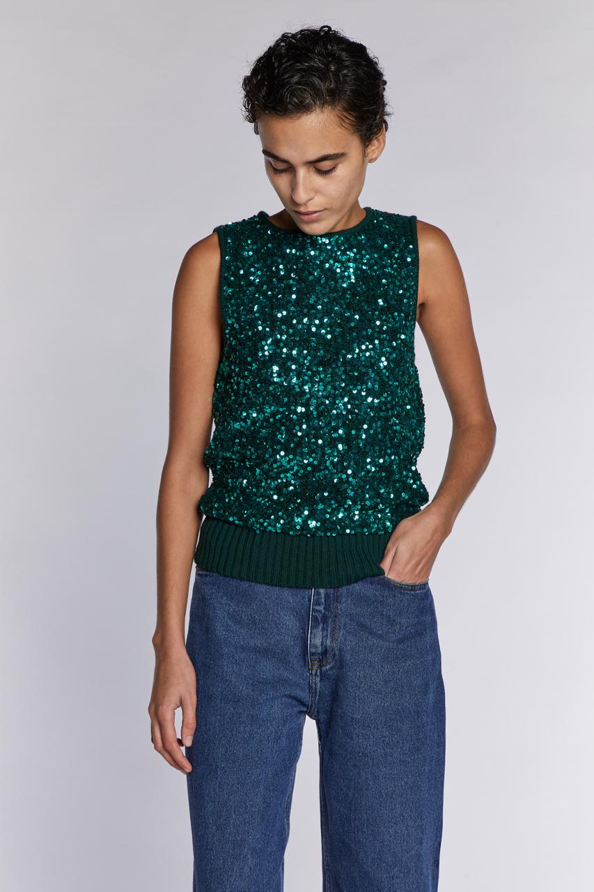 Nero Yves Saint Laurent Rive Gauche Top in maglia con paillettes verde anni '90 in vendita