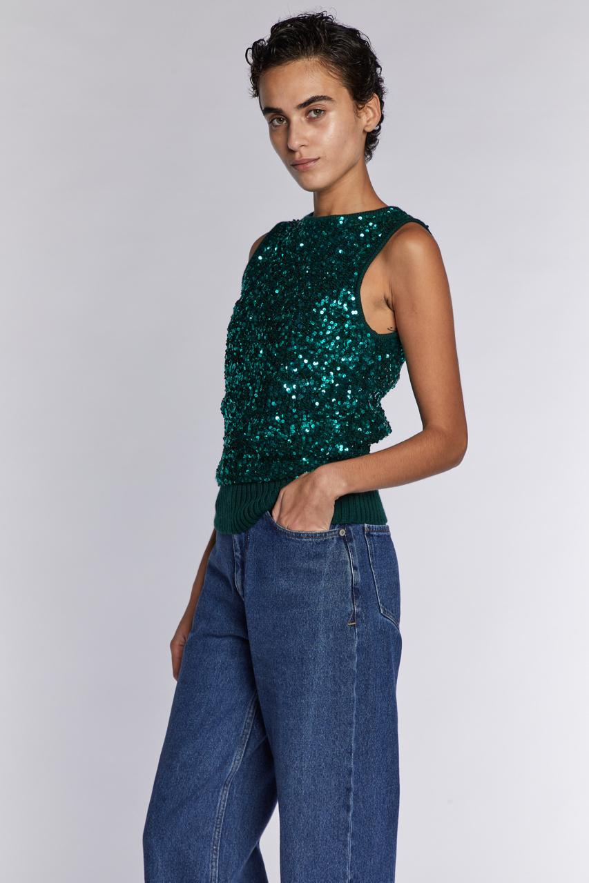 Yves Saint Laurent Rive Gauche Top in maglia con paillettes verde anni '90 In condizioni ottime in vendita a London, GB