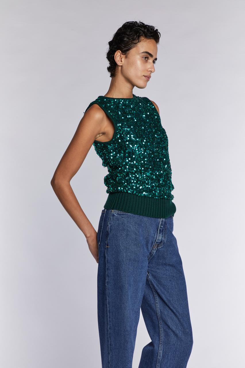 Yves Saint Laurent Rive Gauche Top in maglia con paillettes verde anni '90 in vendita 1