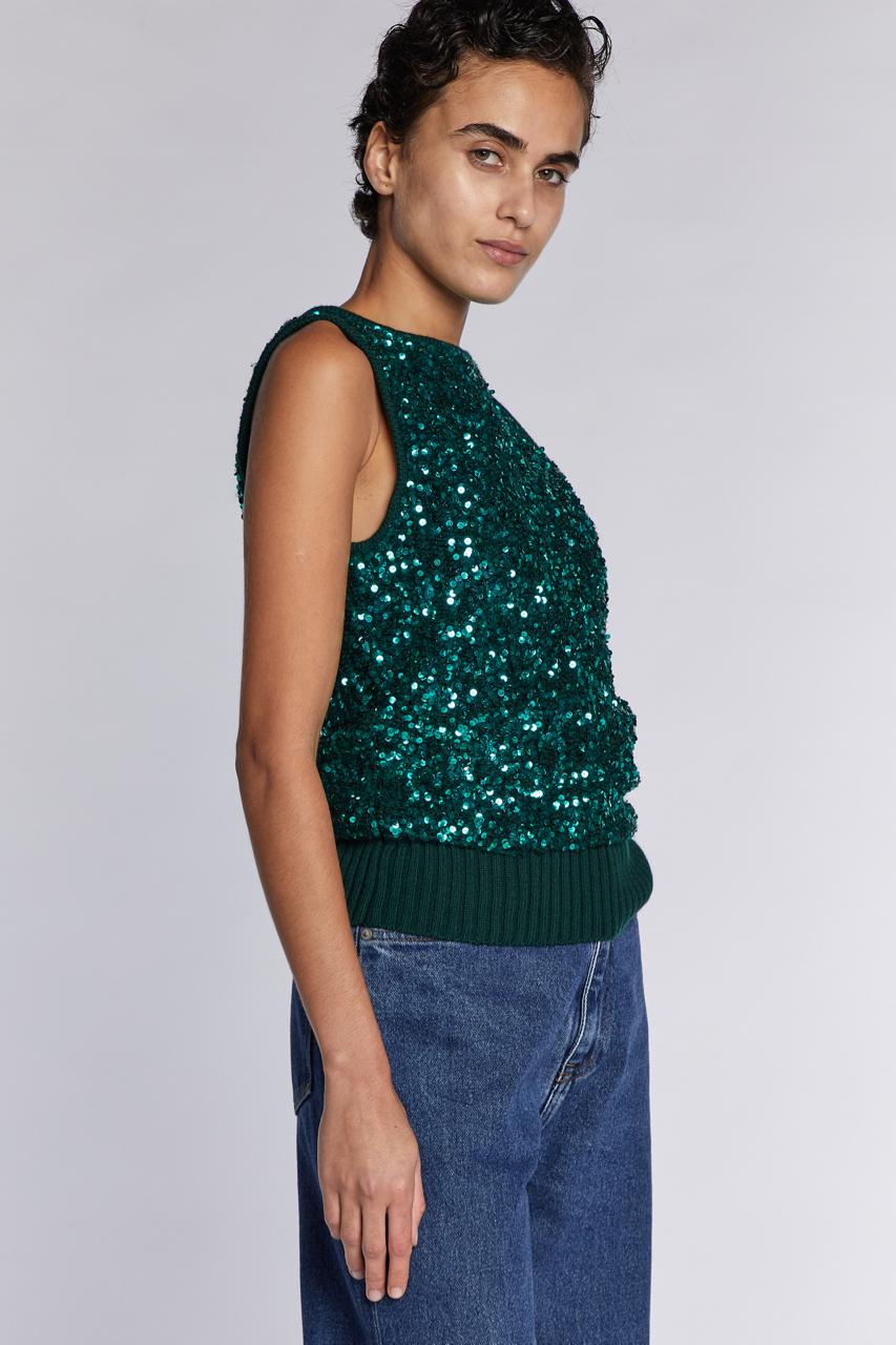 Yves Saint Laurent Rive Gauche Top in maglia con paillettes verde anni '90 in vendita 2