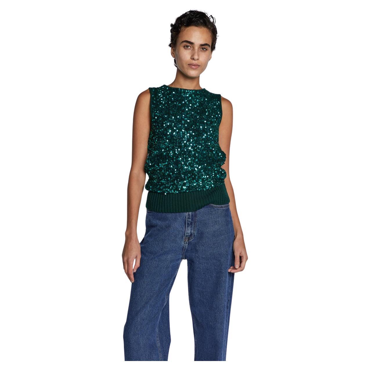 Yves Saint Laurent Rive Gauche Top in maglia con paillettes verde anni '90 in vendita