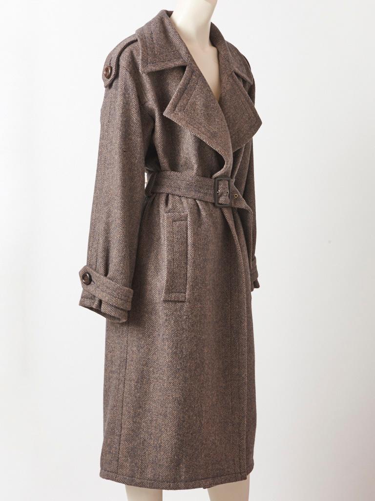 Yves Saint Laurent Rive Gauche Herringbone Tweed Belted Coat at