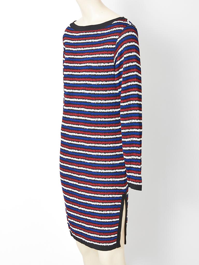 Yves Saint Laurent, Rive Gauche, horizontal stripe, long sleeve, bateau neck, shift dress/tunic with side slits in a viscose rayon.
