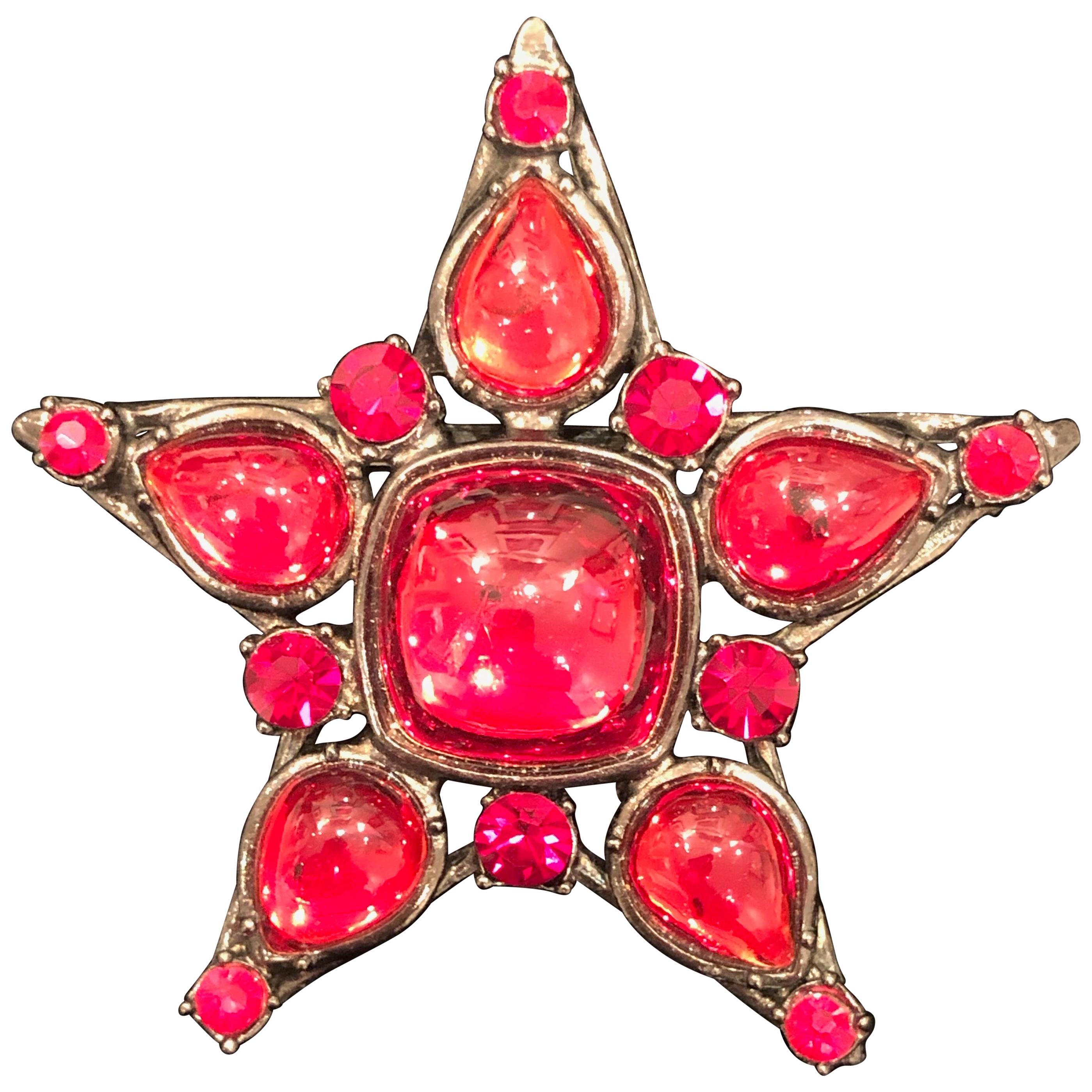 Yves Saint Laurent Rive Gauche Large Cabachon Faux Ruby Vintage Star Pin Brooch For Sale