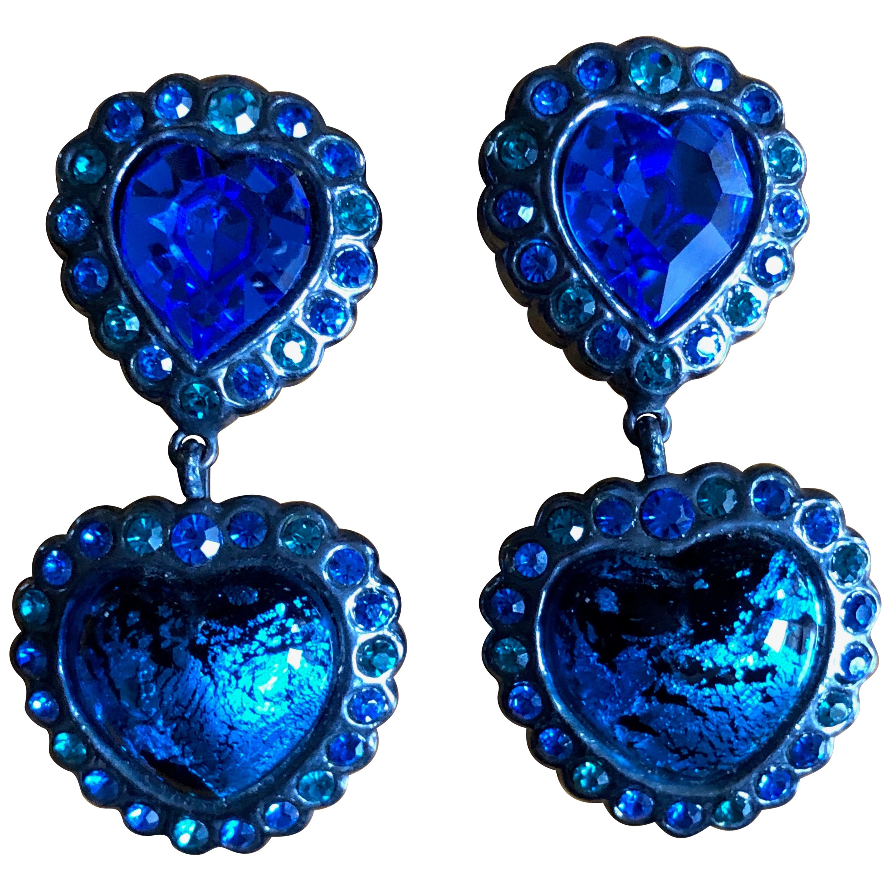 Yves Saint Laurent Rive Gauche Large Heart Clip Earrings with Drop For Sale