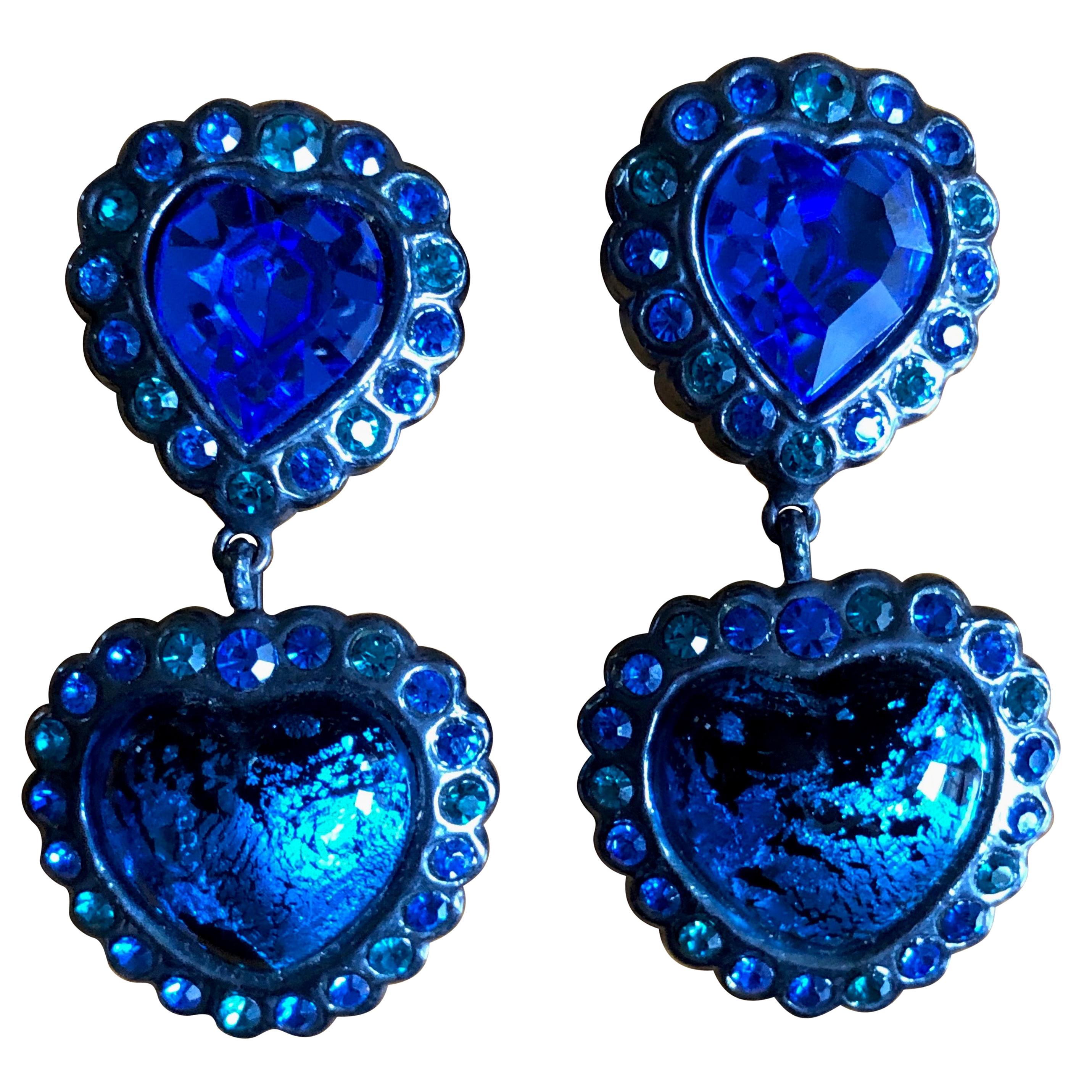 Yves Saint Laurent Rive Gauche Large Heart Clip Earrings with Drop For Sale