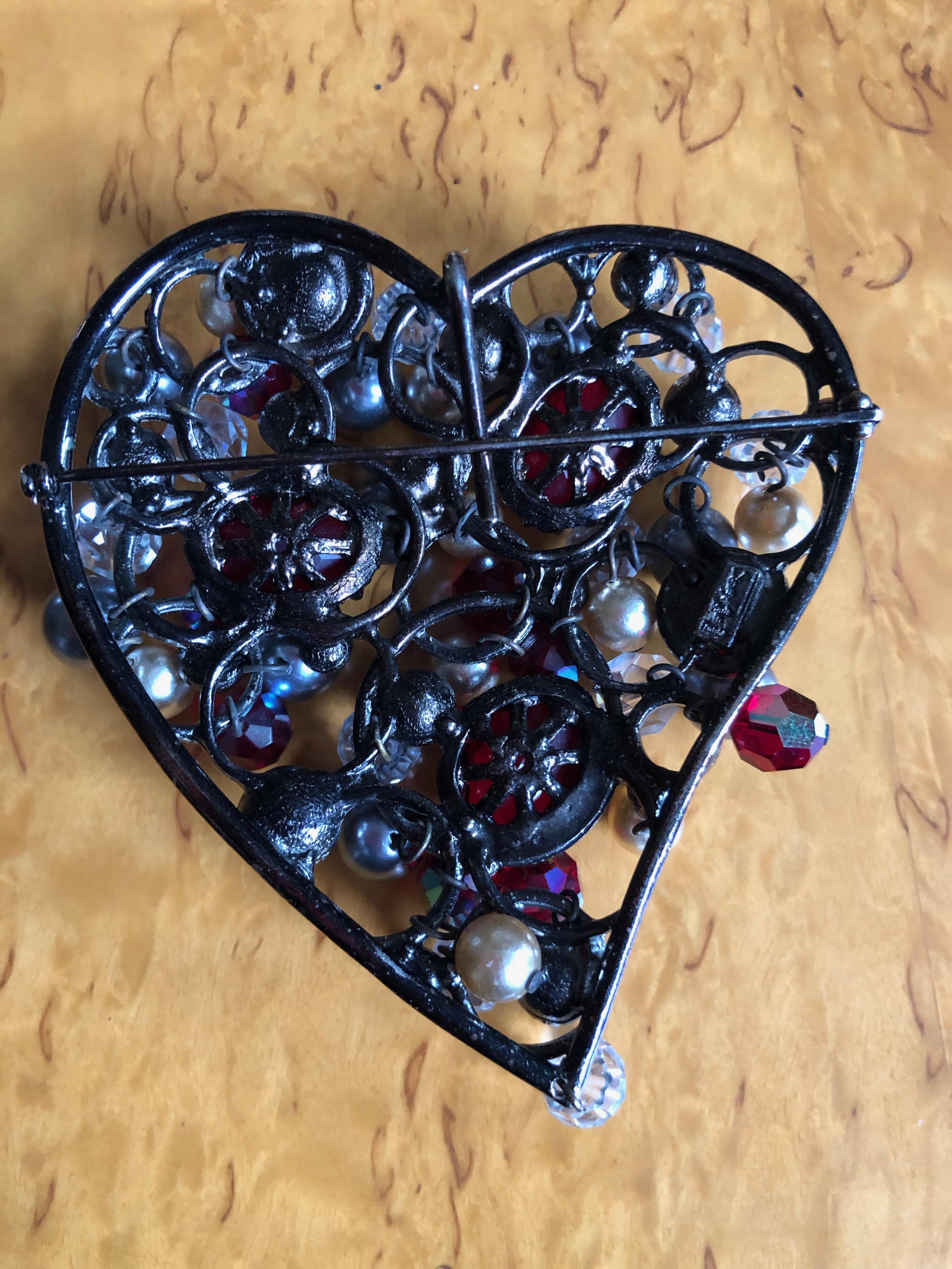 Yves Saint Laurent Rive Gauche Large Heart Pin Brooch with Tremblant Beads For Sale 2