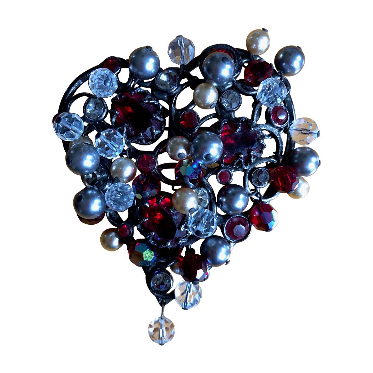 Yves Saint Laurent Rive Gauche Large Heart Pin Brooch with Tremblant Beads For Sale