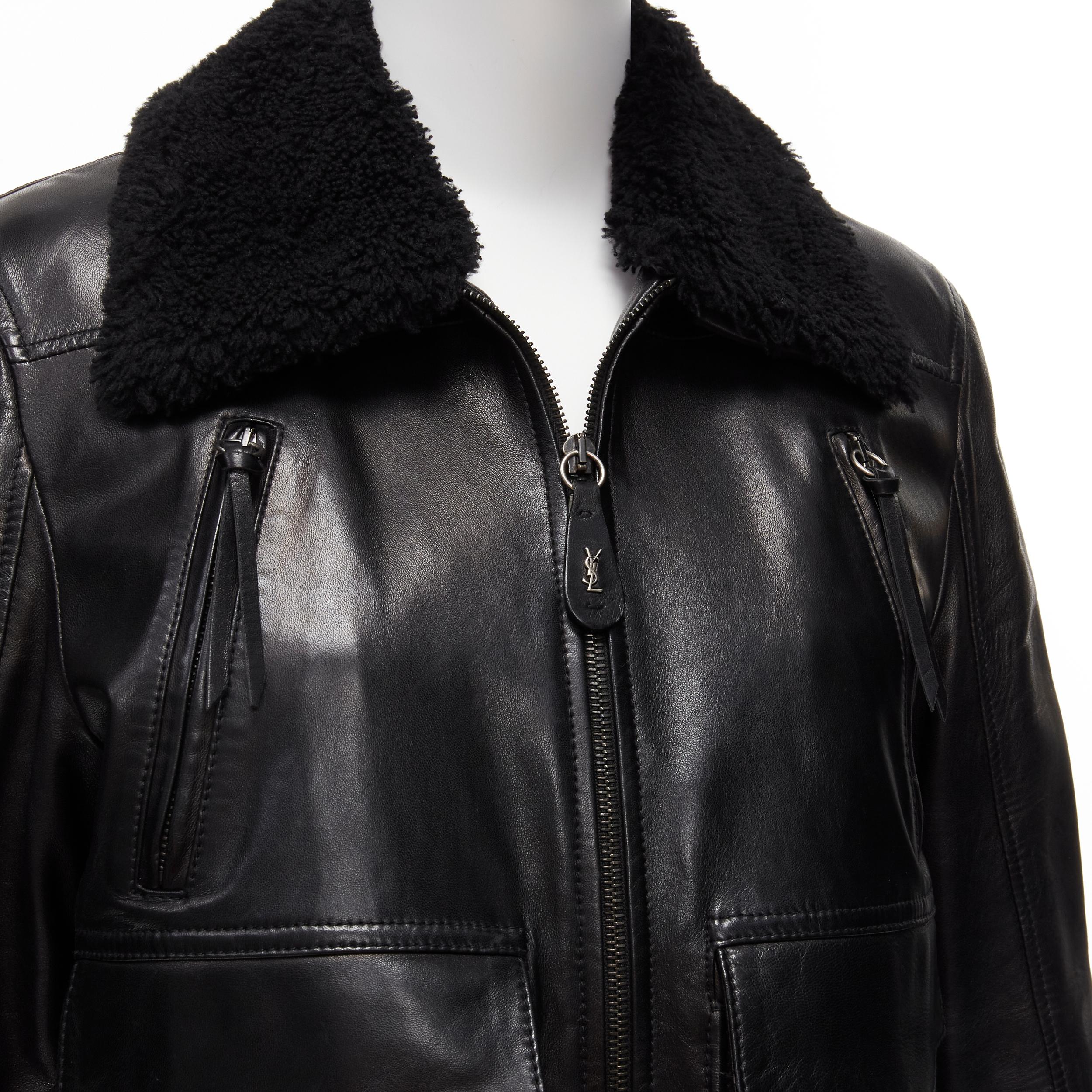 YVES SAINT LAURENT Rive Gauche black leather wool trim shearling aviator bomber FR44 XXL
Reference: TGAS/D00178
Brand: Yves Saint Laurent
Designer: Stefano Pilati
Material: Leather, Wool
Color: Black
Pattern: Solid
Closure: Zip
Lining: Black