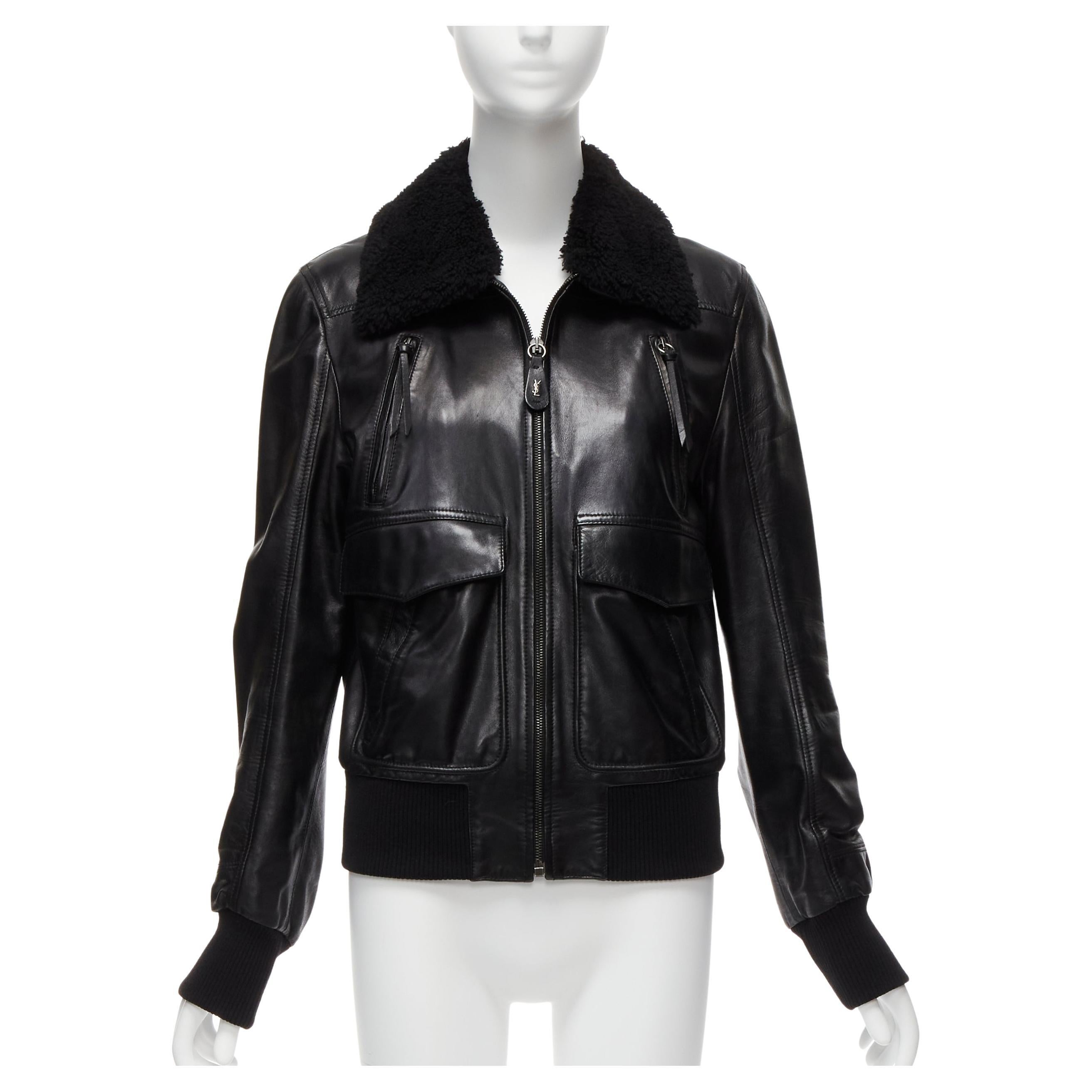 YVES SAINT LAURENT Rive Gauche leather wool trim shearling aviator bomber FR44