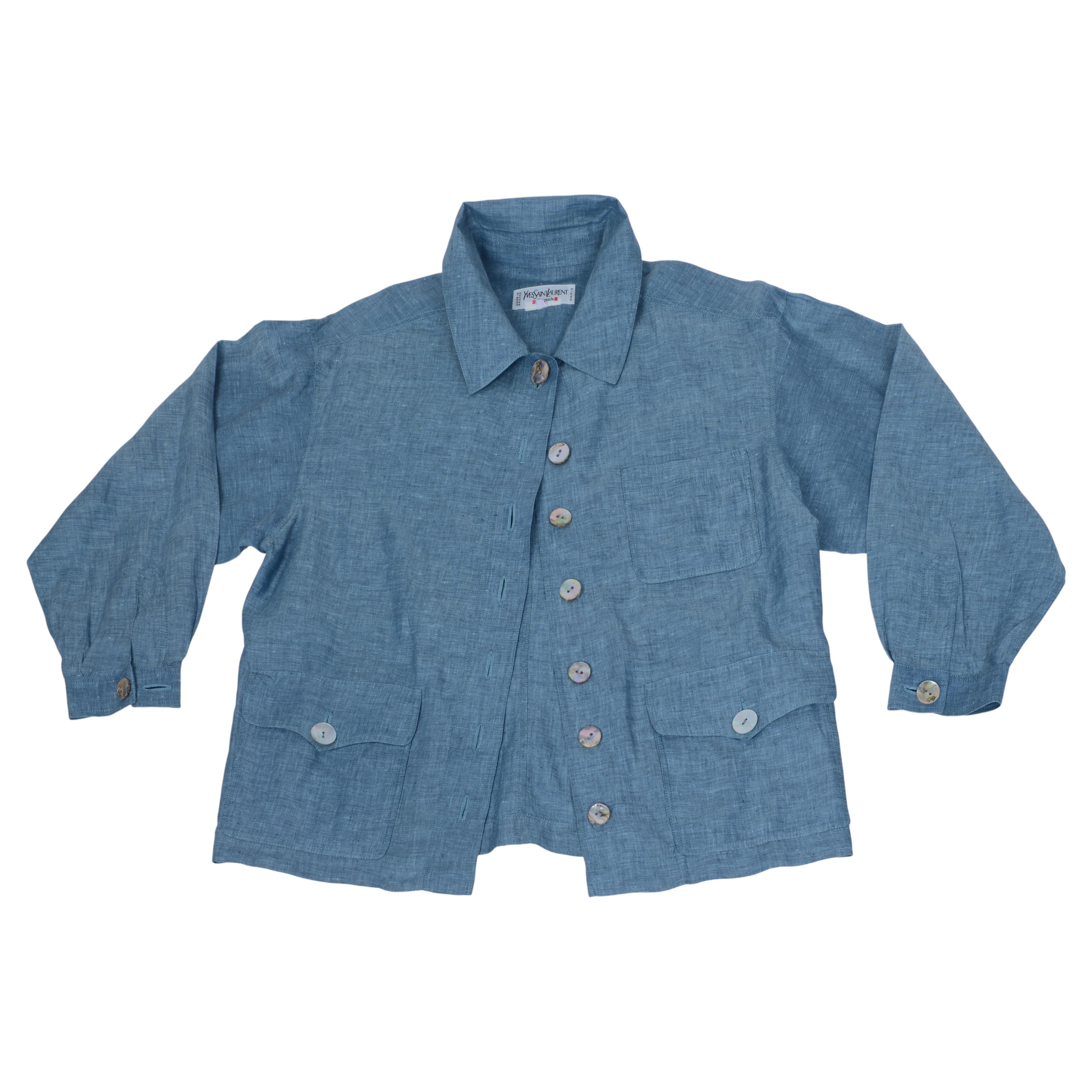 Yves Saint Laurent Rive Gauche Leinenbluse mit Klappentaschen und MOP-Knöpfen im Angebot