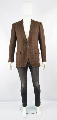 Yves Saint Laurent Rive Gauche Braun karierte Herrenjacke aus Wolle und Mohair 1970er