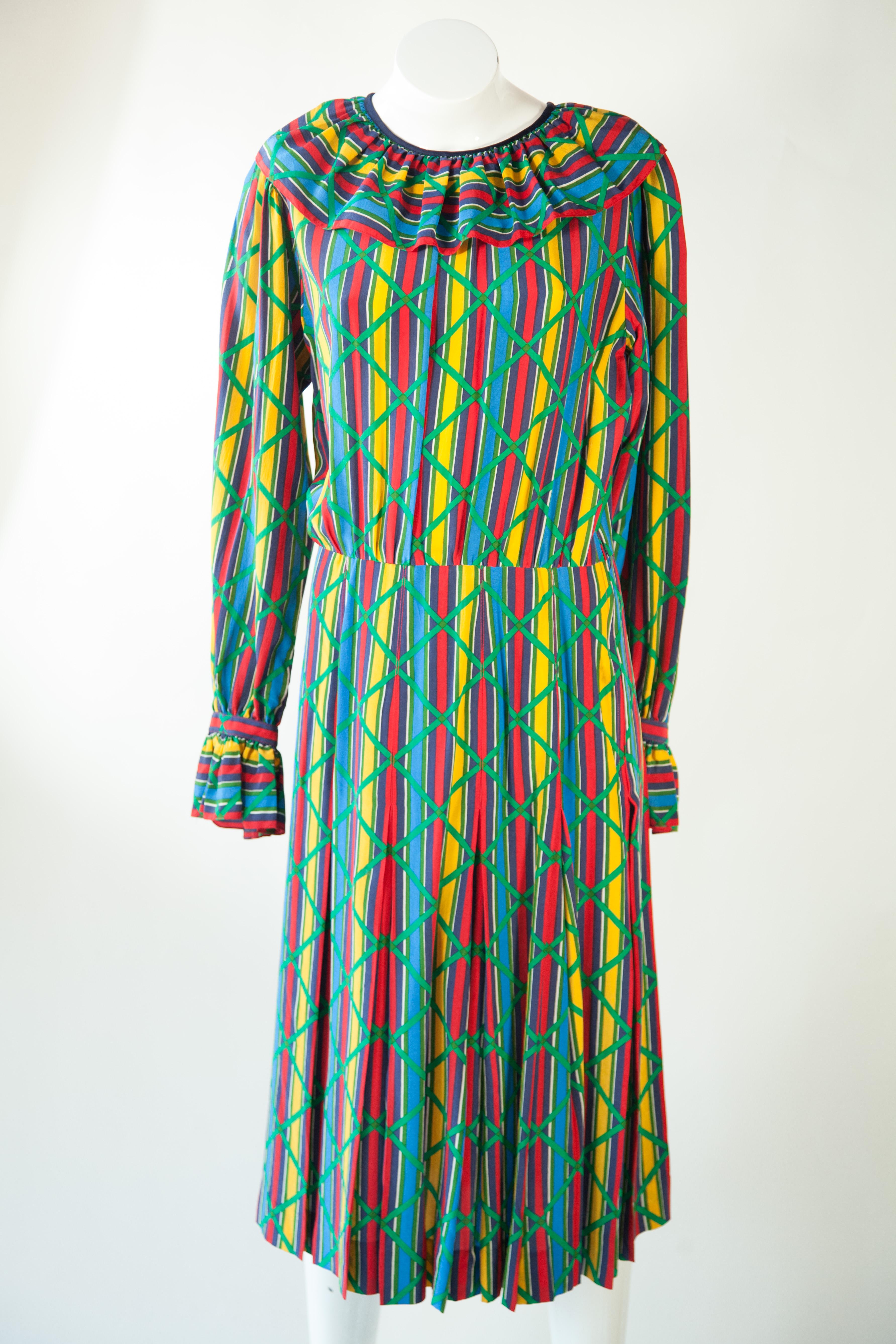 Gray 1980s Yves Saint Laurent Rive Gauche Multi-Color Dress