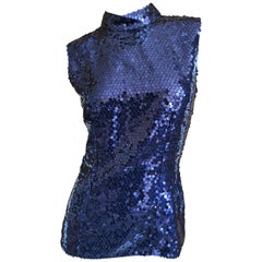 Yves Saint Laurent Rive Gauche Navy Blue Sequin Shell Top 1970s