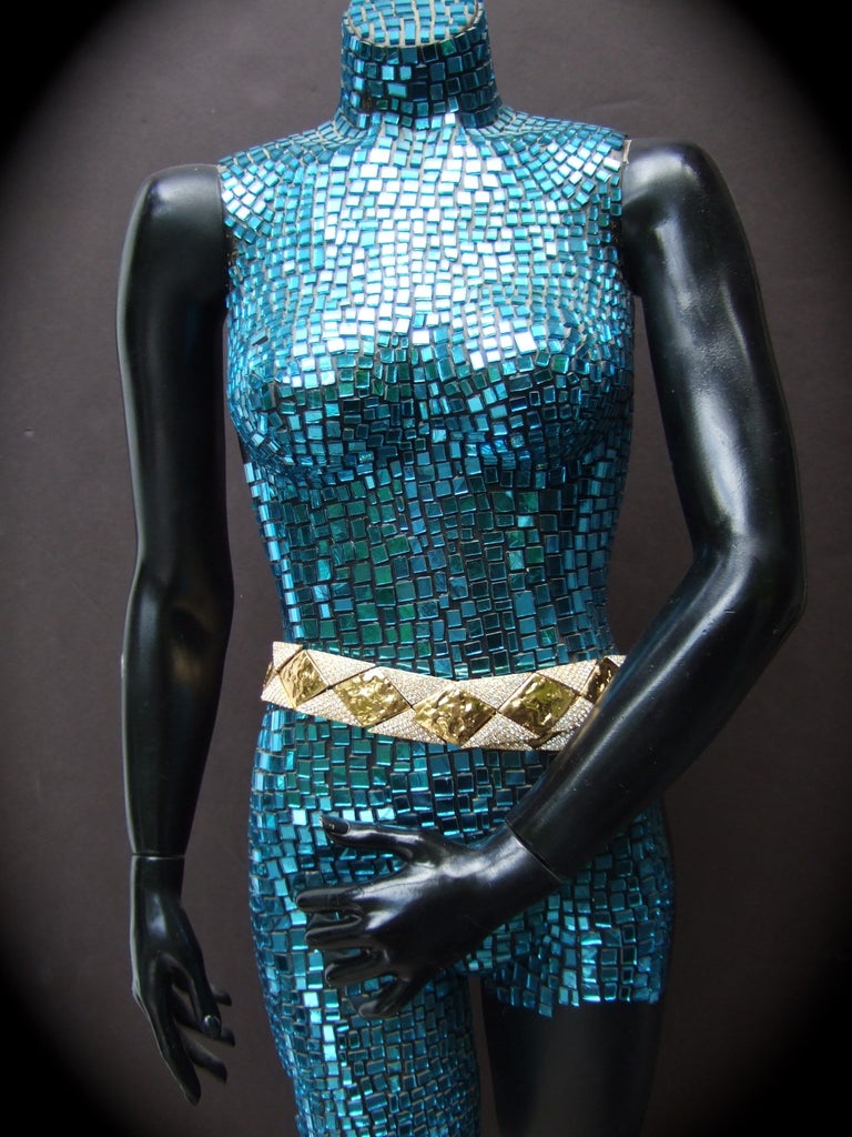 Women's Yves Saint Laurent Rive Gauche Opulent Gilt Metal Crystal Couture Belt c 1970s For Sale