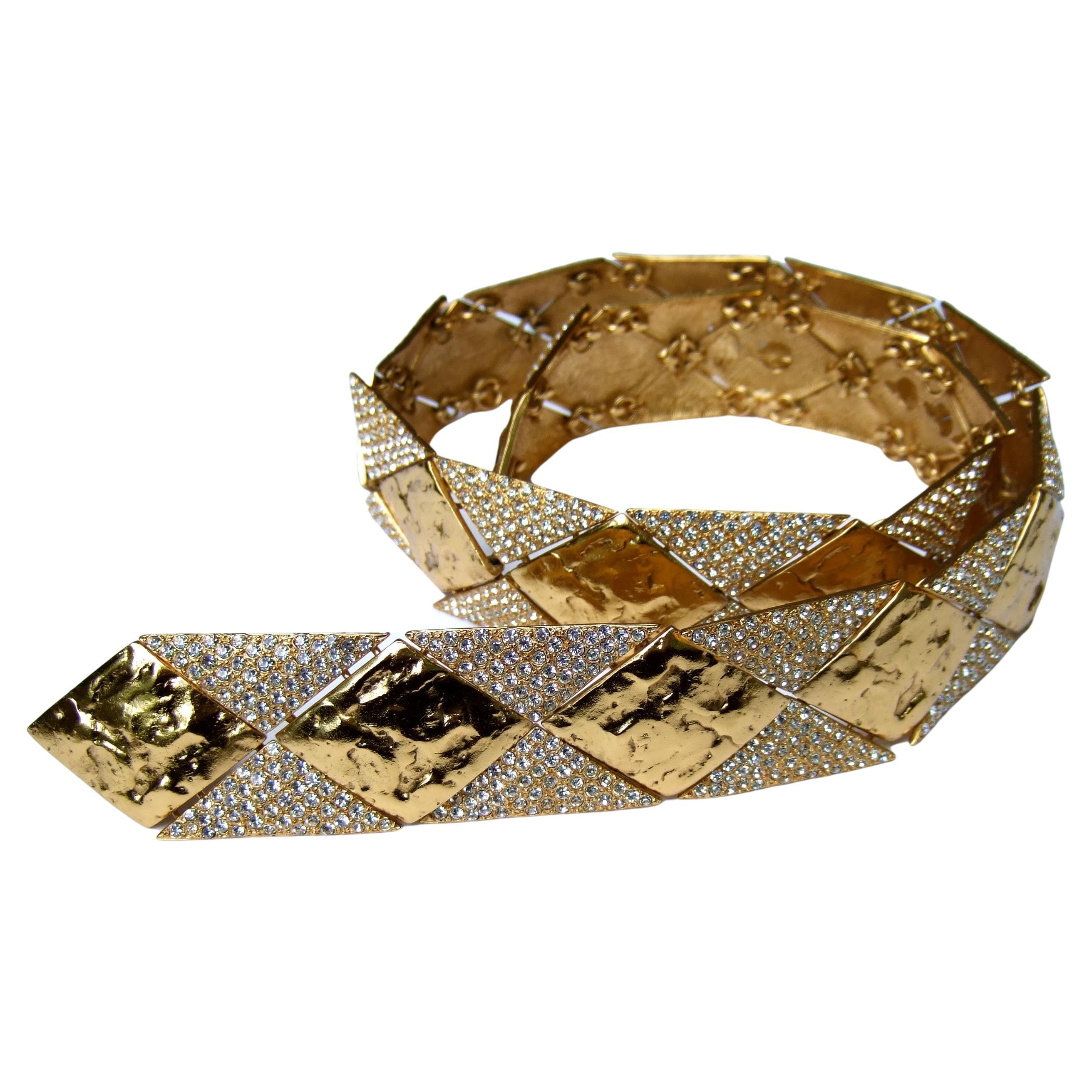 Yves Saint Laurent Rive Gauche Opulent Gilt Metal Crystal Couture Belt c 1970s For Sale
