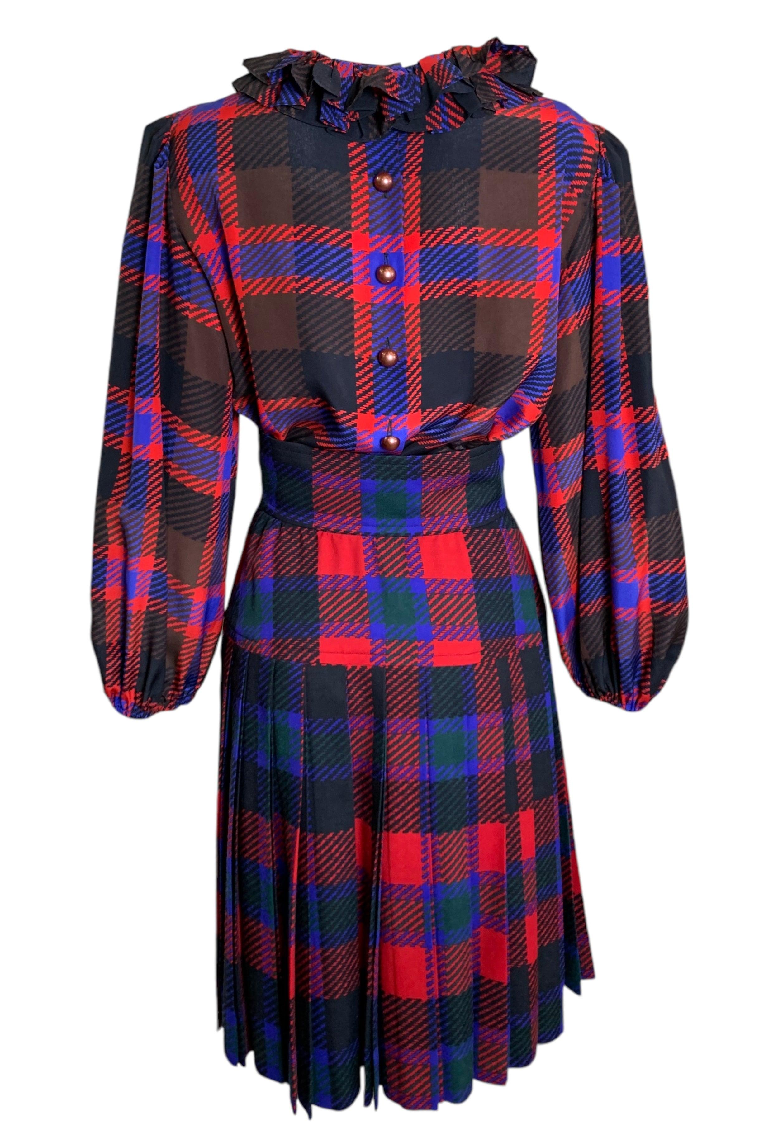Black Yves Saint Laurent Rive Gauche Plaid Silk Blouse Pleated Wool Skirt, 1980s For Sale