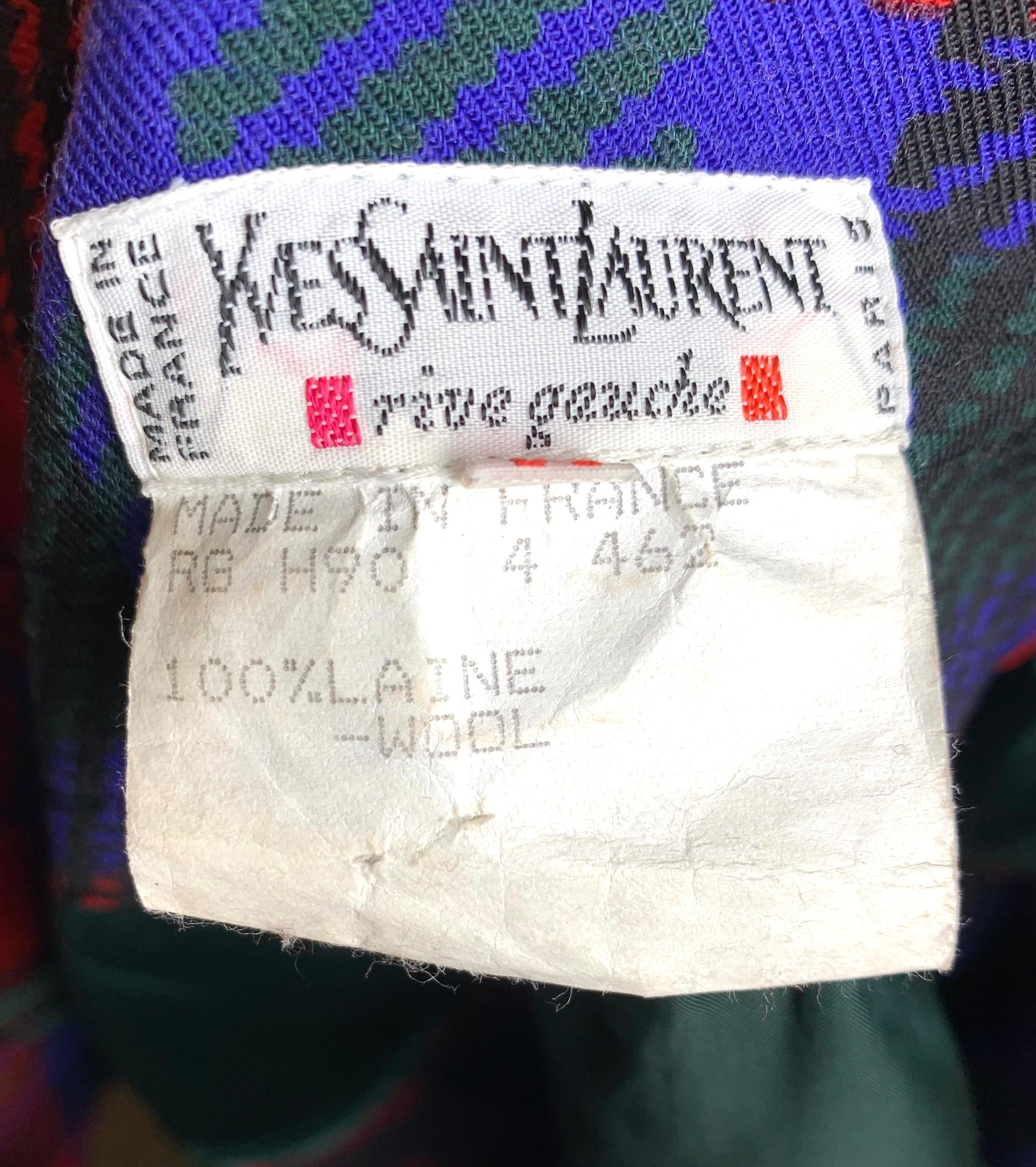 Yves Saint Laurent Rive Gauche Plaid Silk Blouse Pleated Wool Skirt, 1980s In Excellent Condition For Sale In Los Angeles, CA