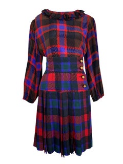 Yves Saint Laurent Rive Gauche Plaid Silk Blouse Pleated Wool Skirt, 1980s