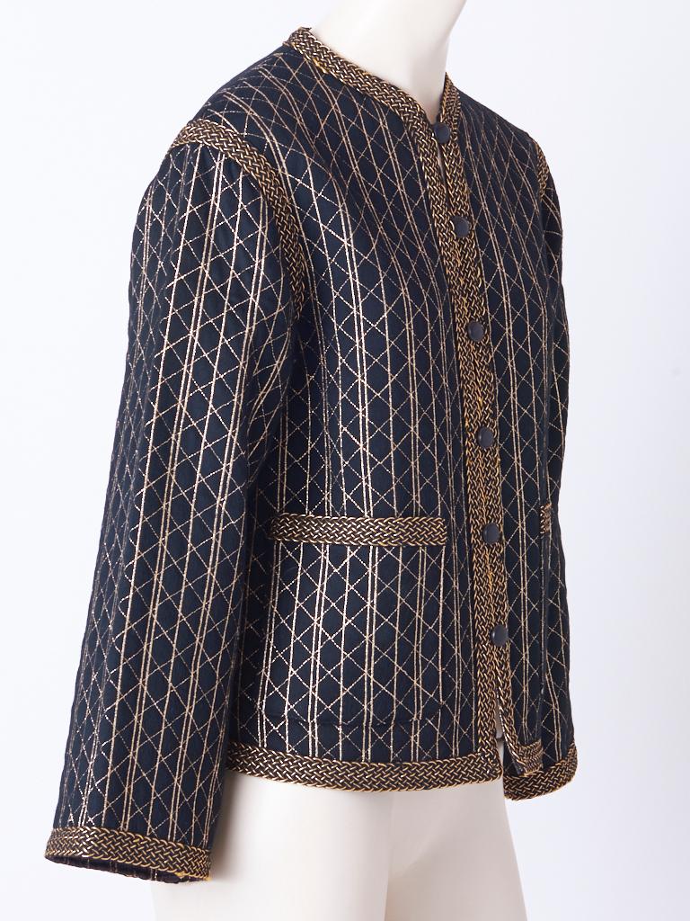 Yves Saint Laurent, Rive Gauche, black, wool, Chinese collection collarless jacket, with gold lurex , diamond, pattern, quilting, and stripes. Gold, heavy braided edging detail. Deep front patch pockets. 