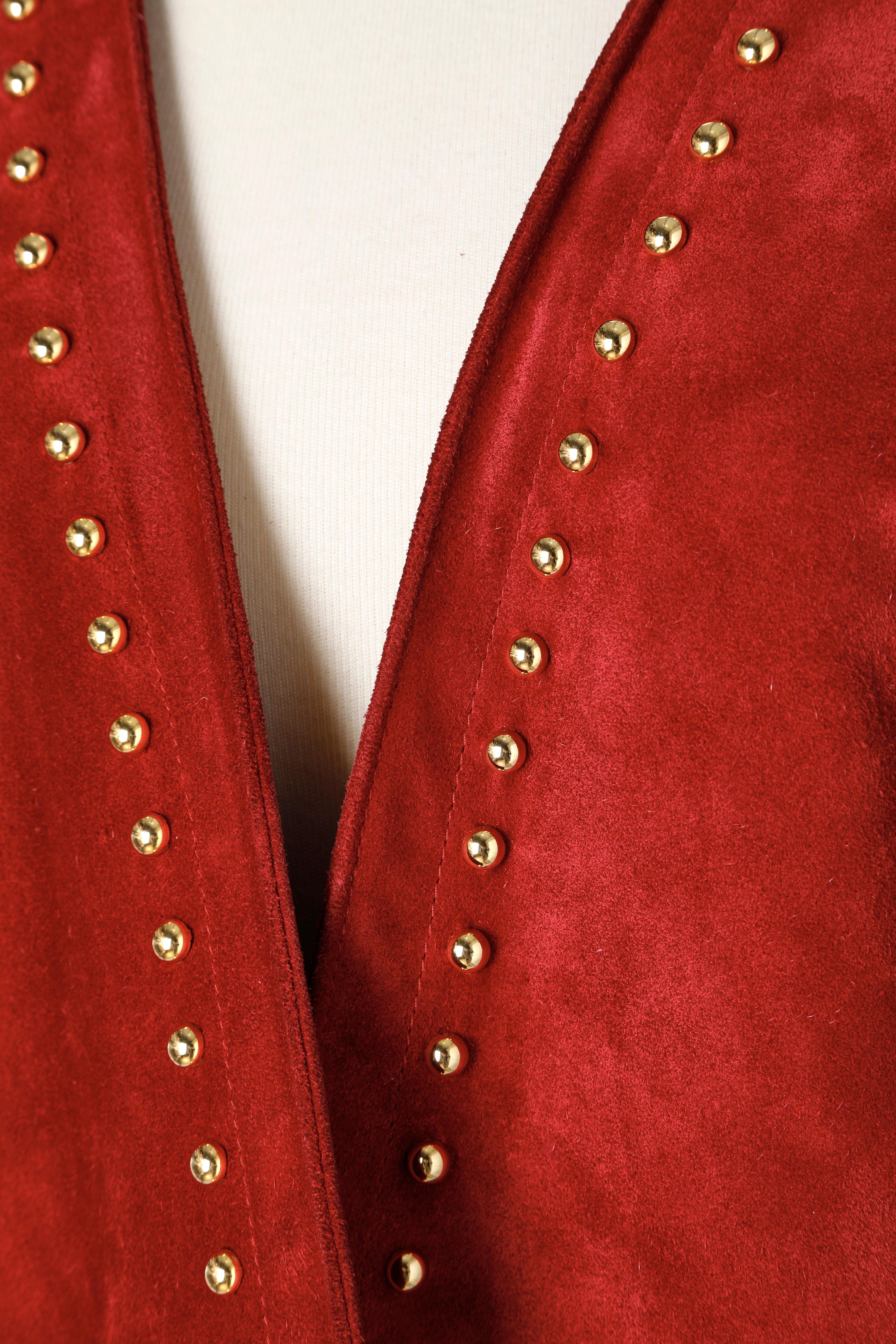 Red genuine suede jacket with gold metal stud 

