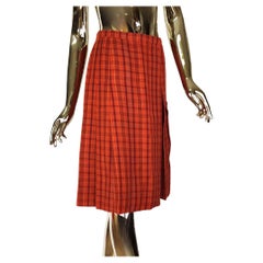 Yves Saint Laurent rive gauche red wool plaid pleated wrap skirt