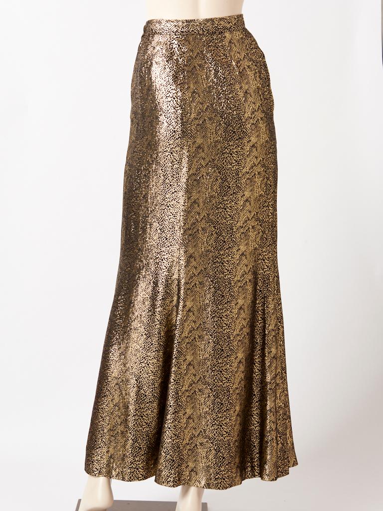 Brown Yves Saint Laurent Rive Gauche Reptile Pattern Gold Lame Evening Skirt