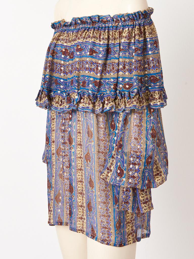 Yves Saint Laurent Rive Gauche, cerulean blue, patterned, chiffon and gold lurex, Russian Collection, peasant blouse, having a deep, elasticized flounced collar that can be worn off the shoulder and full sleeves having shirred elastic cuffs.