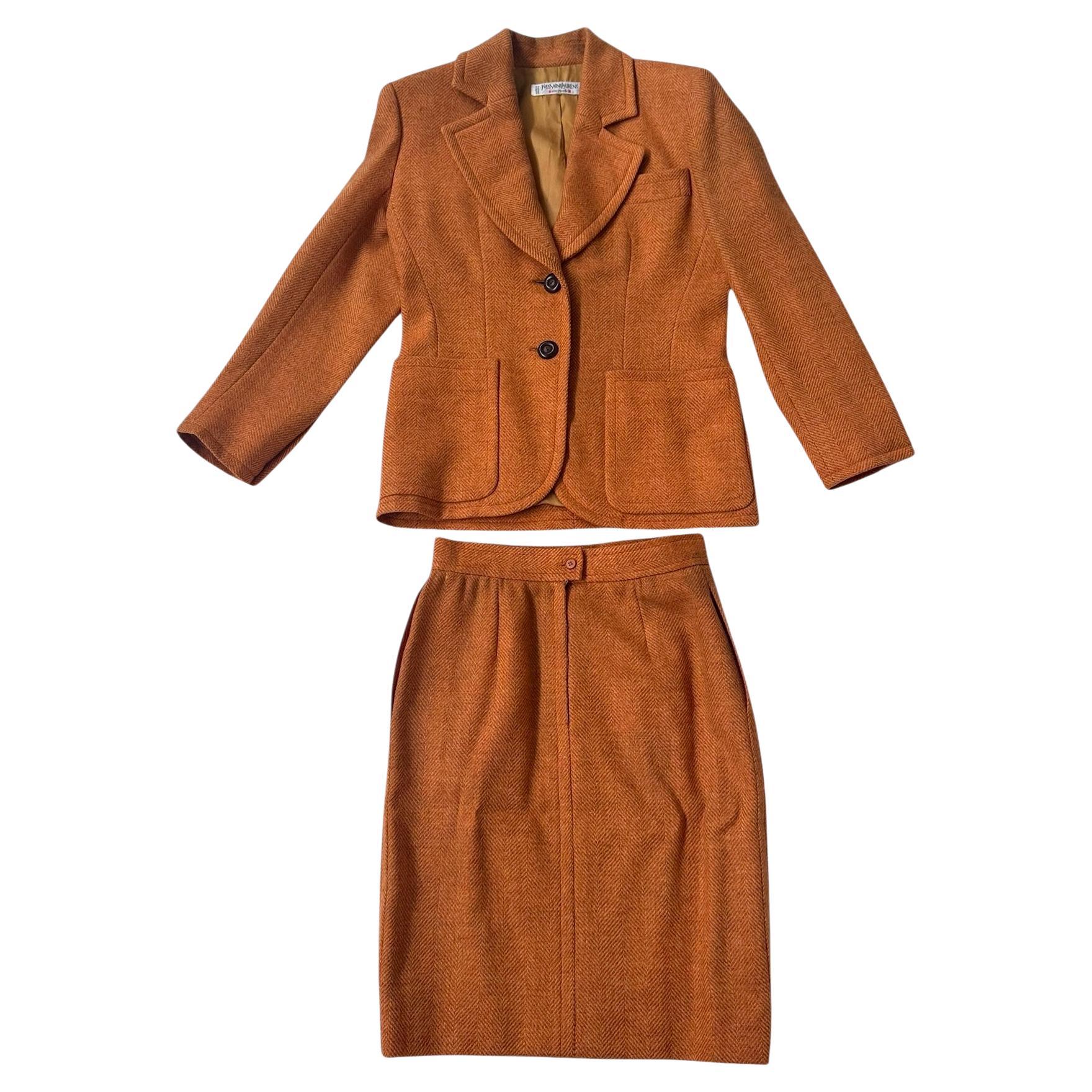 Yves Saint Laurent Rive Gauche Rust Herringbone Wool Skirt Suit - No import duty